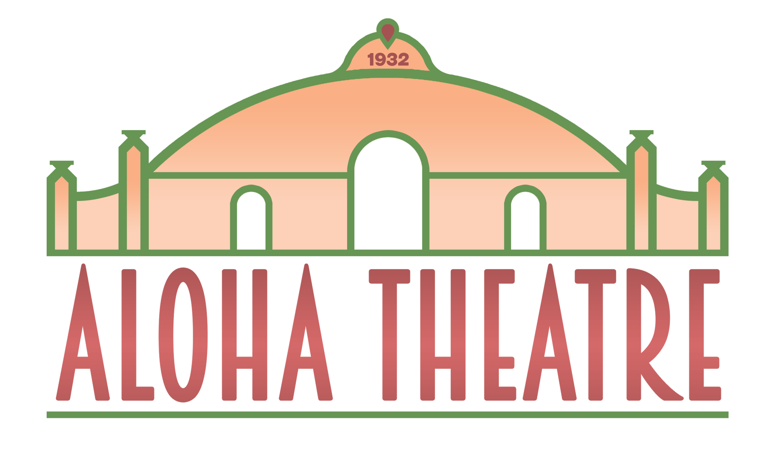 A logo for Hollywood featuring a stylized movie theater with the words 'Hollywood' in large red letters below.