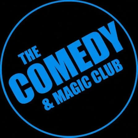Logo for The Comedy & Magic Club in blue text on a black background with a blue circular outline.