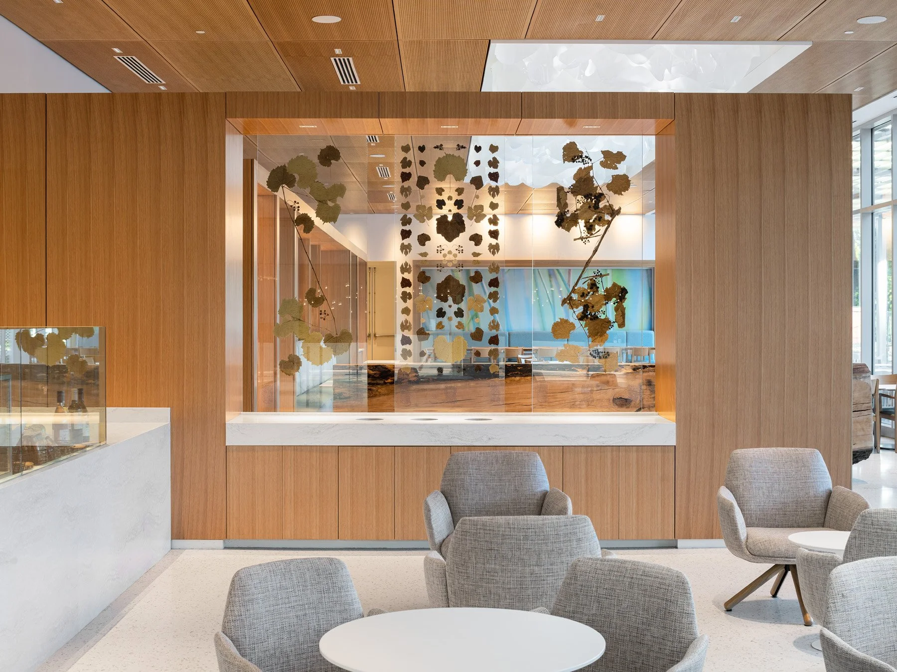 Sassafras Cafe lounge with a pressed grapevine glass panel by Arbolope Studio - architectural photographer St. Louis Missouri