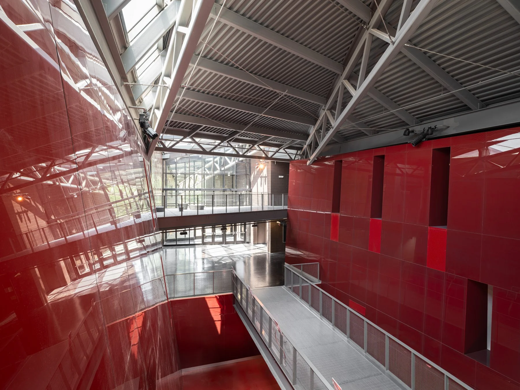 Doudna Fine Arts Center interior red-clad atrium with skylight and steel catwalk by Antoine Predock, Charleston Illinois - architectural photographer