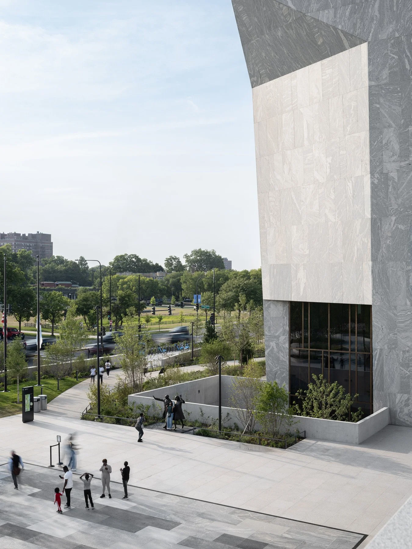 Obama Presidential Center tower base and plaza above Stony Island, by Tod Williams Billie Tsien - architectural photographer Chicago Illinois