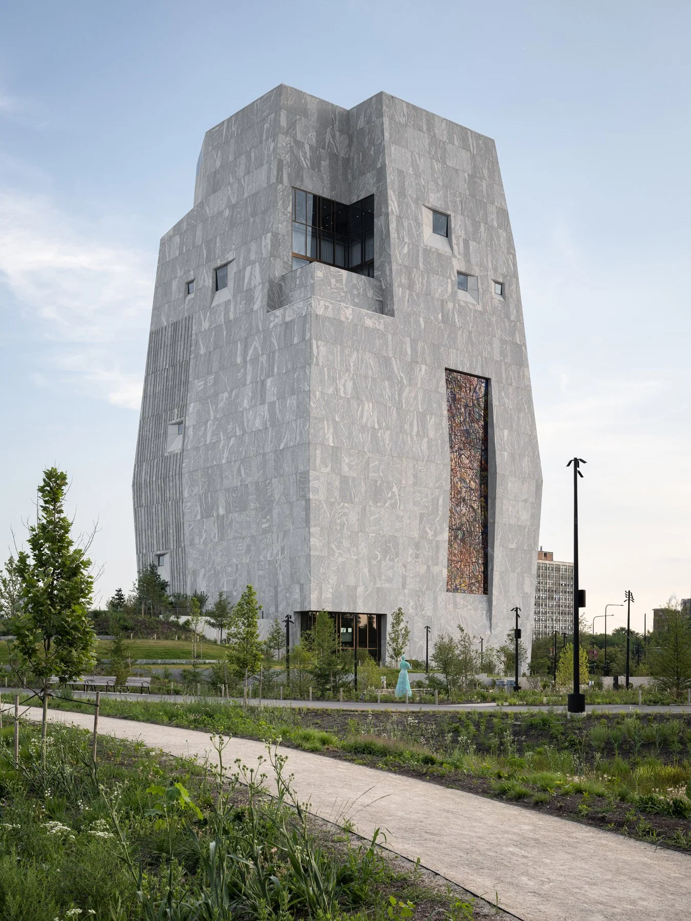 Obama Presidential Center tower east elevation with tall vertical window, by Tod Williams Billie Tsien - architectural photographer Chicago Illinois