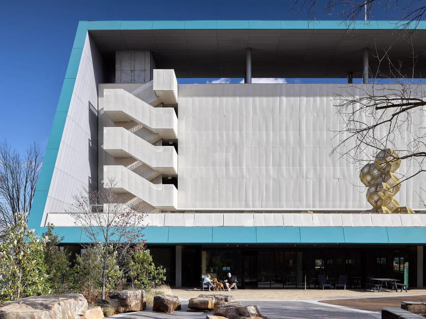Crystal Bridges Parking exterior switchback stair on the white scrim facade, by Marlon Blackwell - architectural photographer Bentonville Arkansas