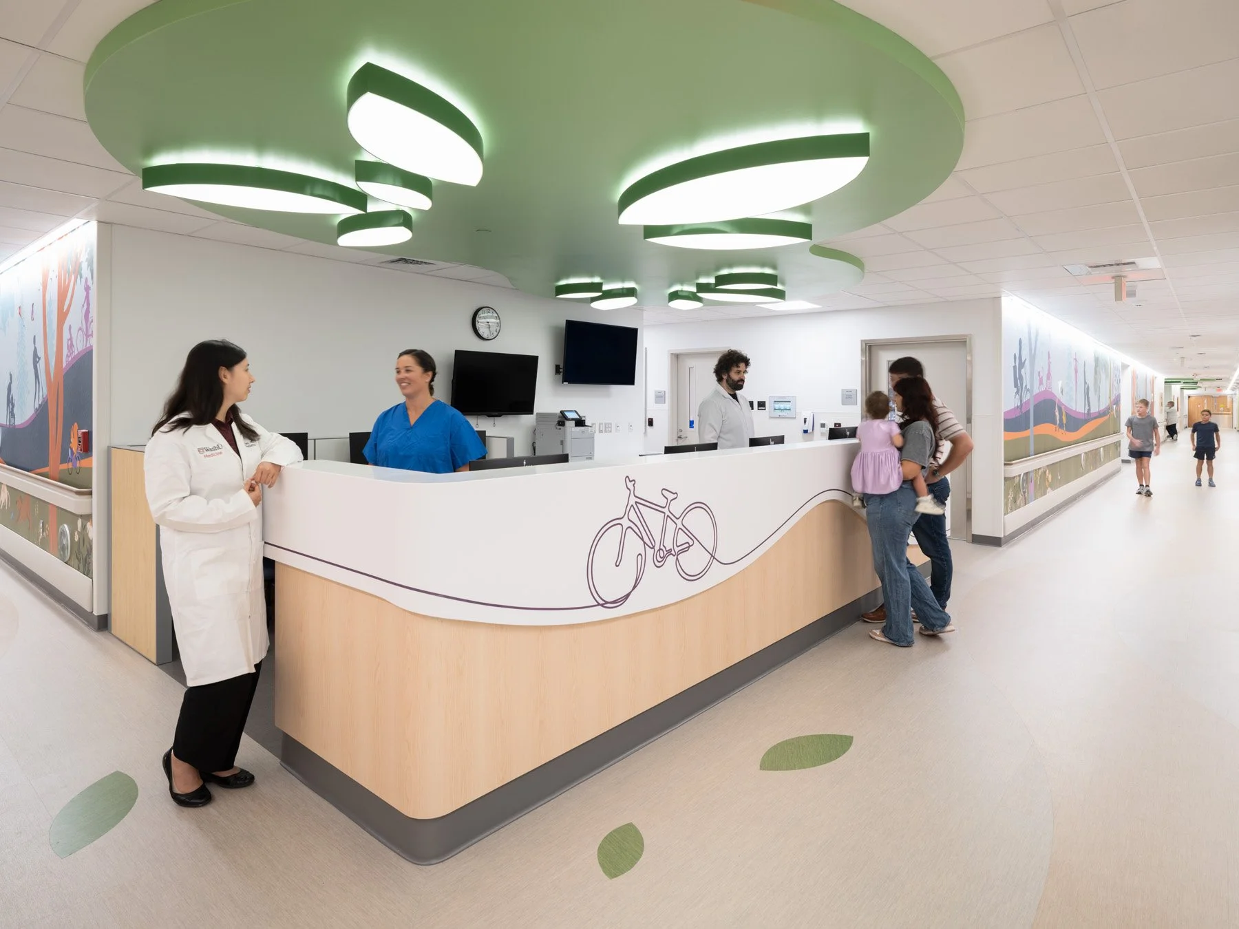 St. Louis Children’s Hospital nurse station, tree canopy soffit, bicycle drawing, by CannonDesign - architectural photographer St. Louis Missouri