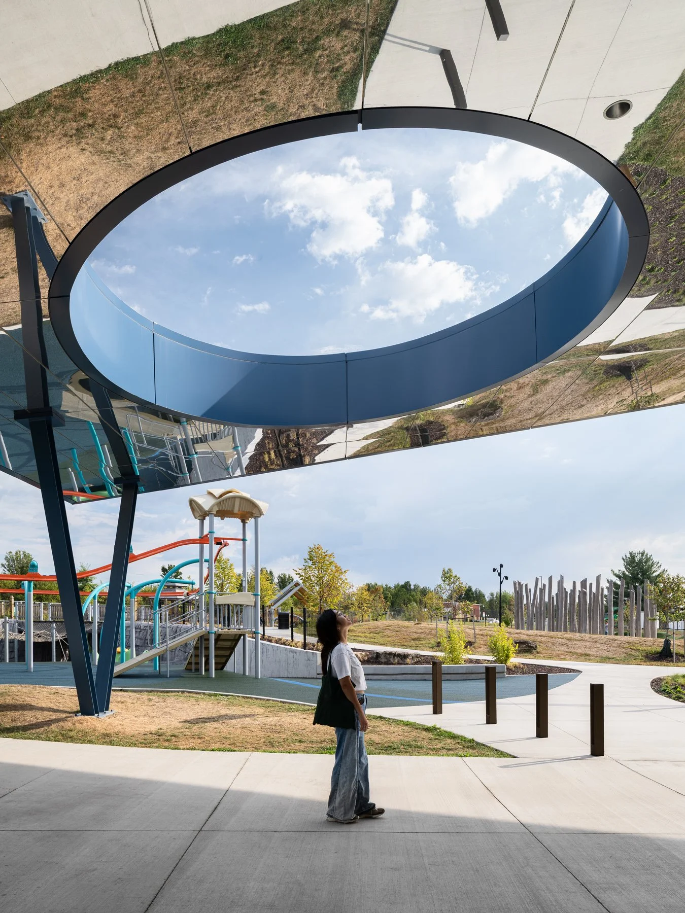 Kinetic Park oculus framing the sky in the mirrored canopy underside, by JEMA - architectural photographer St. Louis Missouri