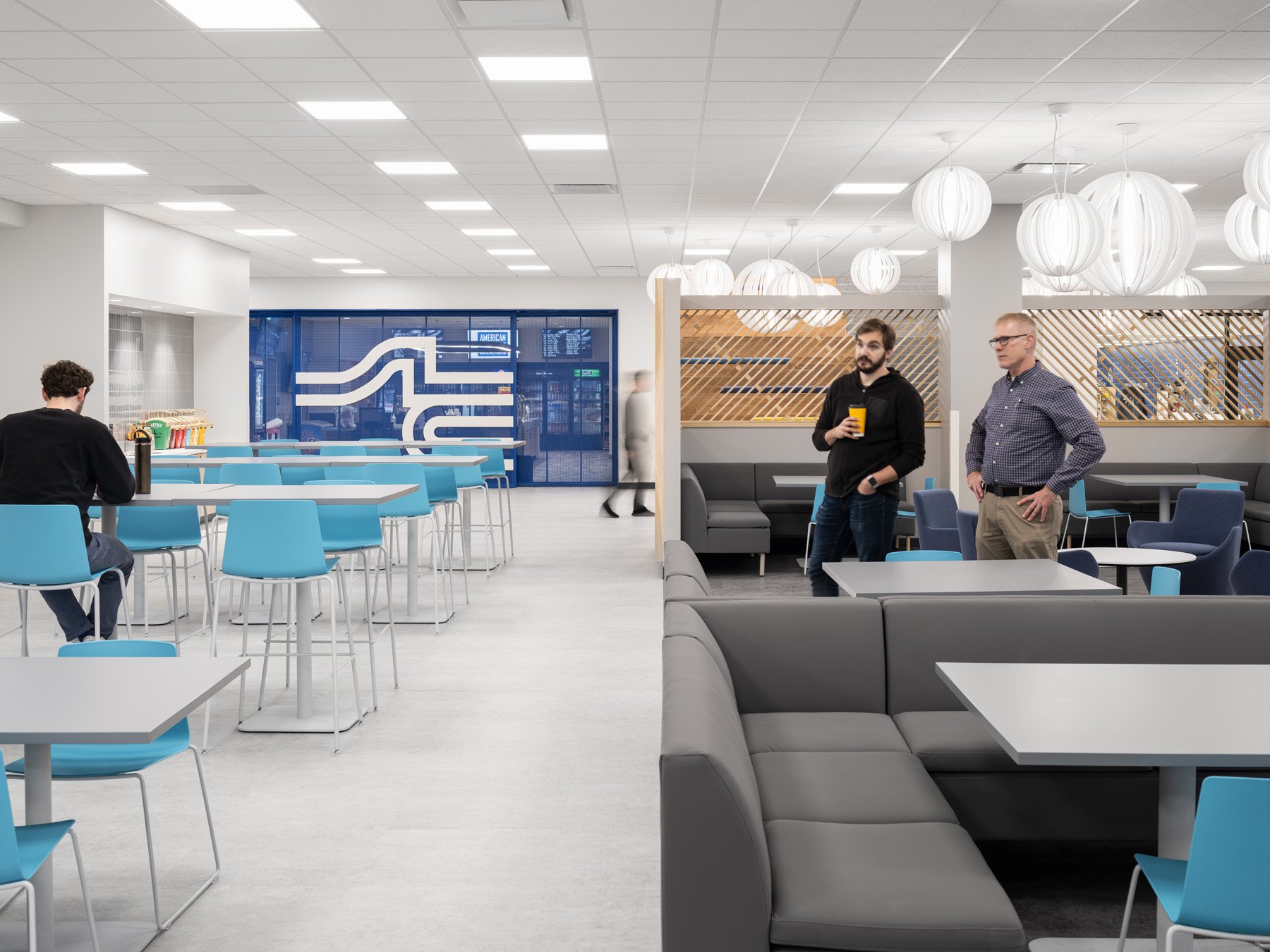 STLCC Florissant Valley Student Center dining hall booths and cafe storefront by JEMA, Ferguson Missouri - architectural photographer St. Louis