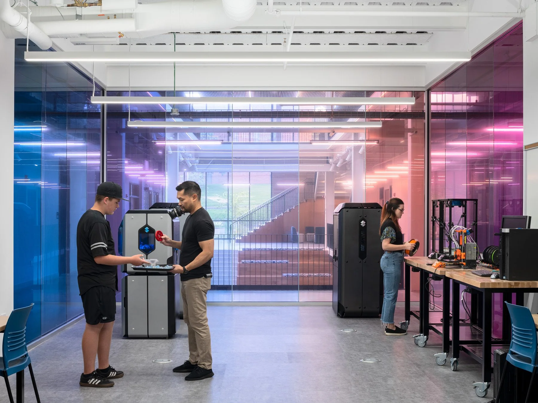 STLCC Florissant Valley Advanced Manufacturing Center makerspace 3D printers, colored glass by JEMA - architectural photographer St. Louis Missouri