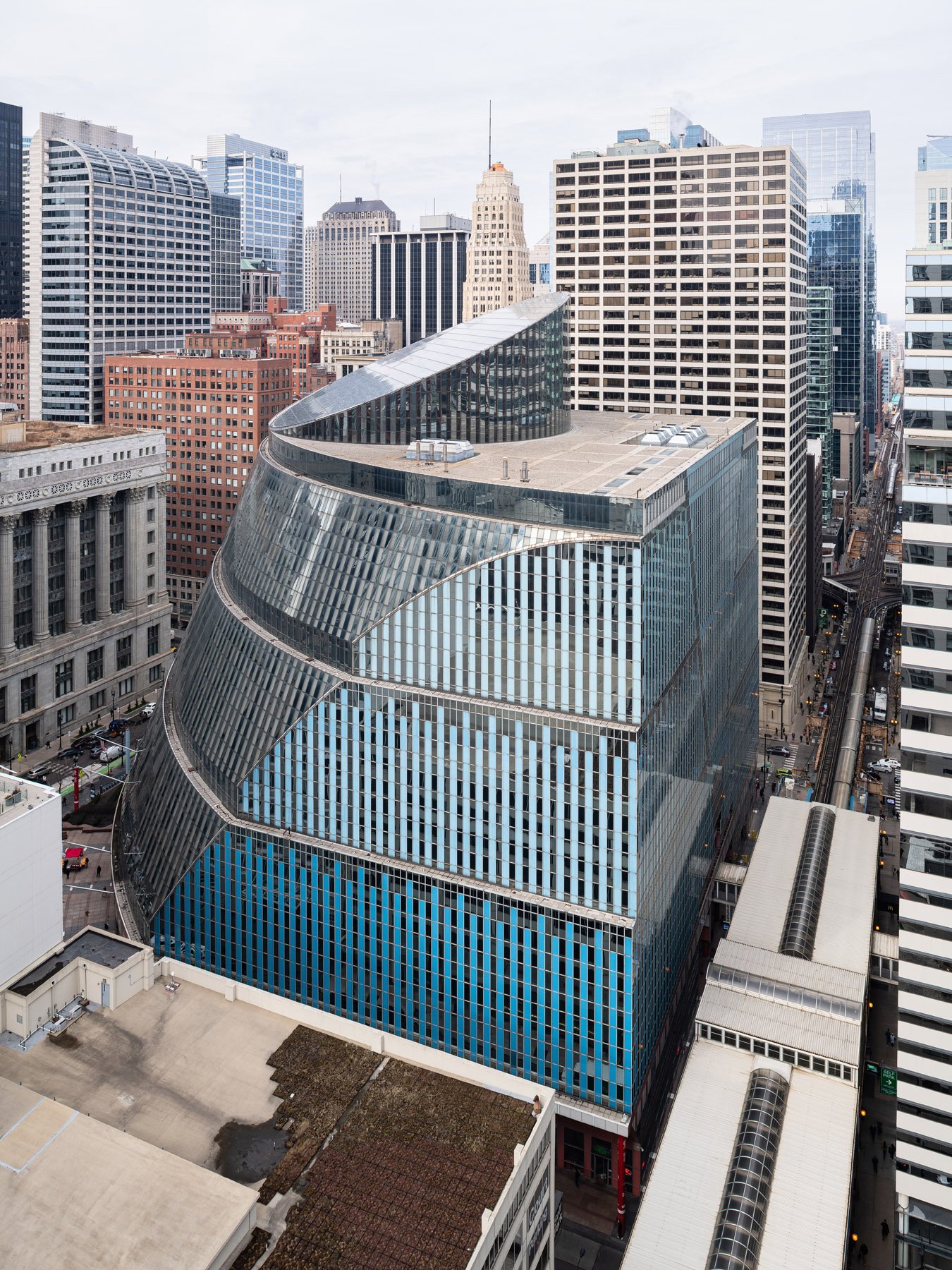 James R. Thompson Center seen from above, the truncated glass cylinder rising over the Loop, Chicago - Helmut Jahn massing