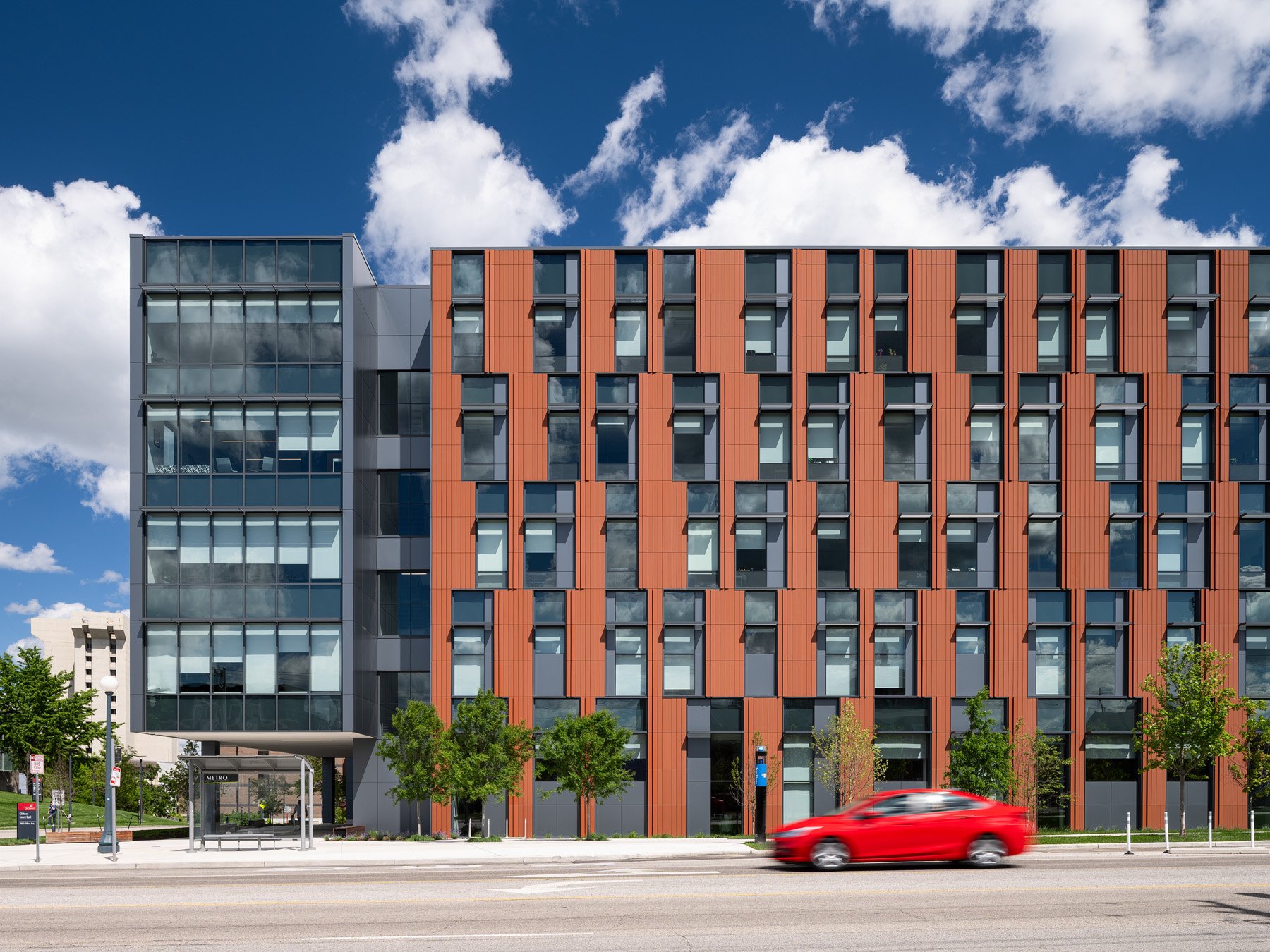 Clifton Court Hall street facade along Clifton Avenue with terracotta and glass cladding, by LMN Architects and KZF Design - architectural photographer Cincinnati Ohio