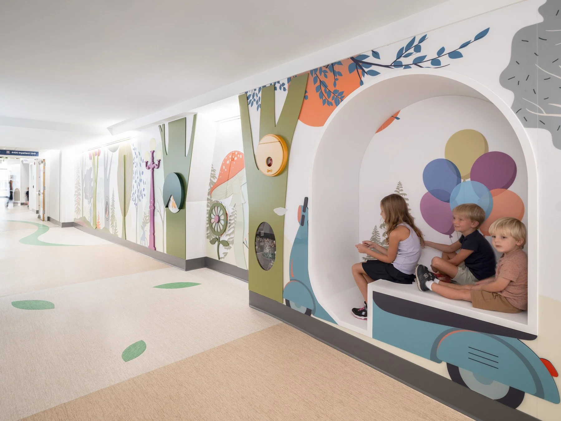St. Louis Children’s Hospital corridor seating nook shaped like a scooter, by CannonDesign - architectural photographer St. Louis Missouri