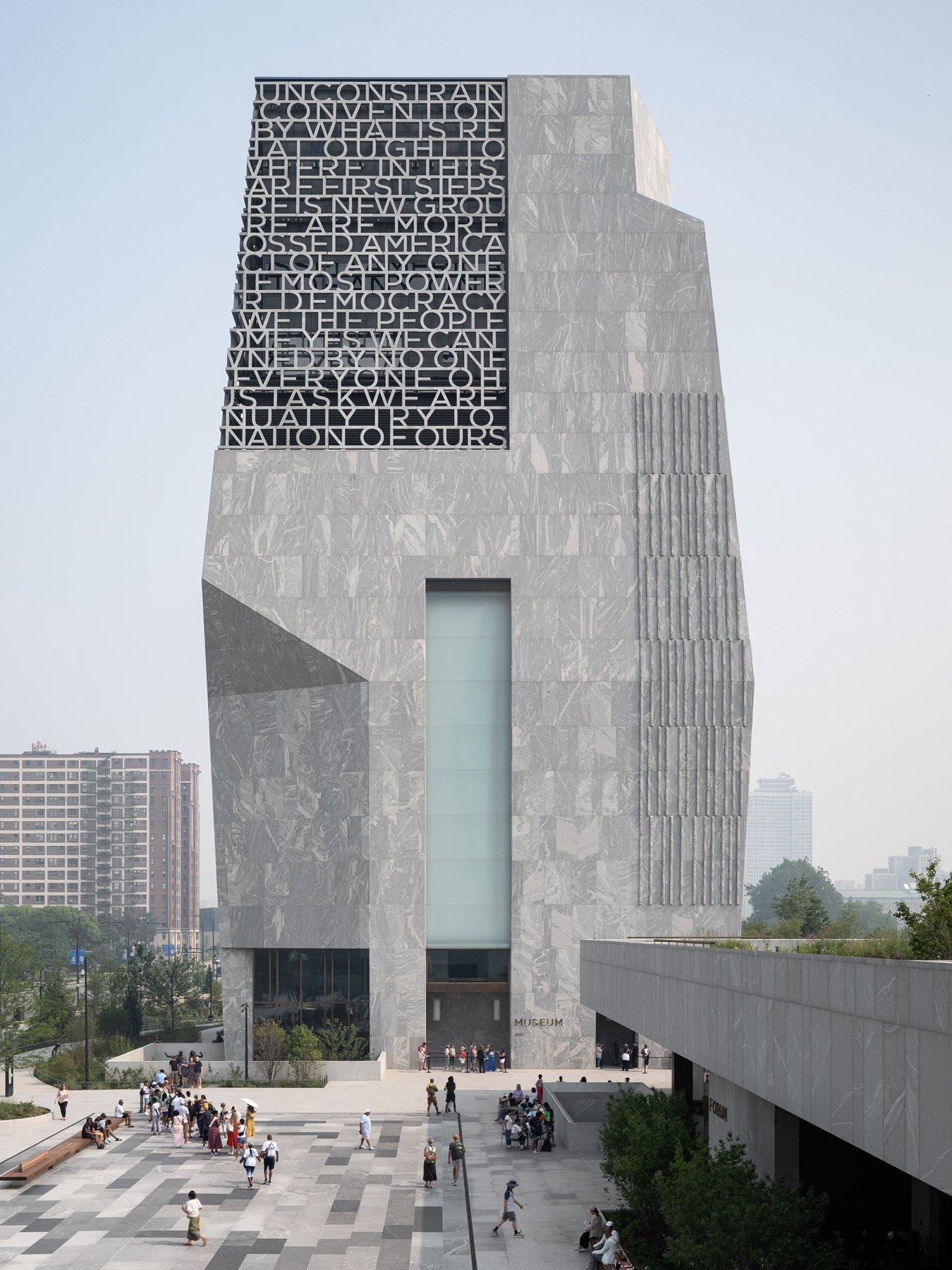Obama Presidential Center museum tower with carved stone text, by Tod Williams Billie Tsien, Chicago Illinois - architectural photographer Chicago