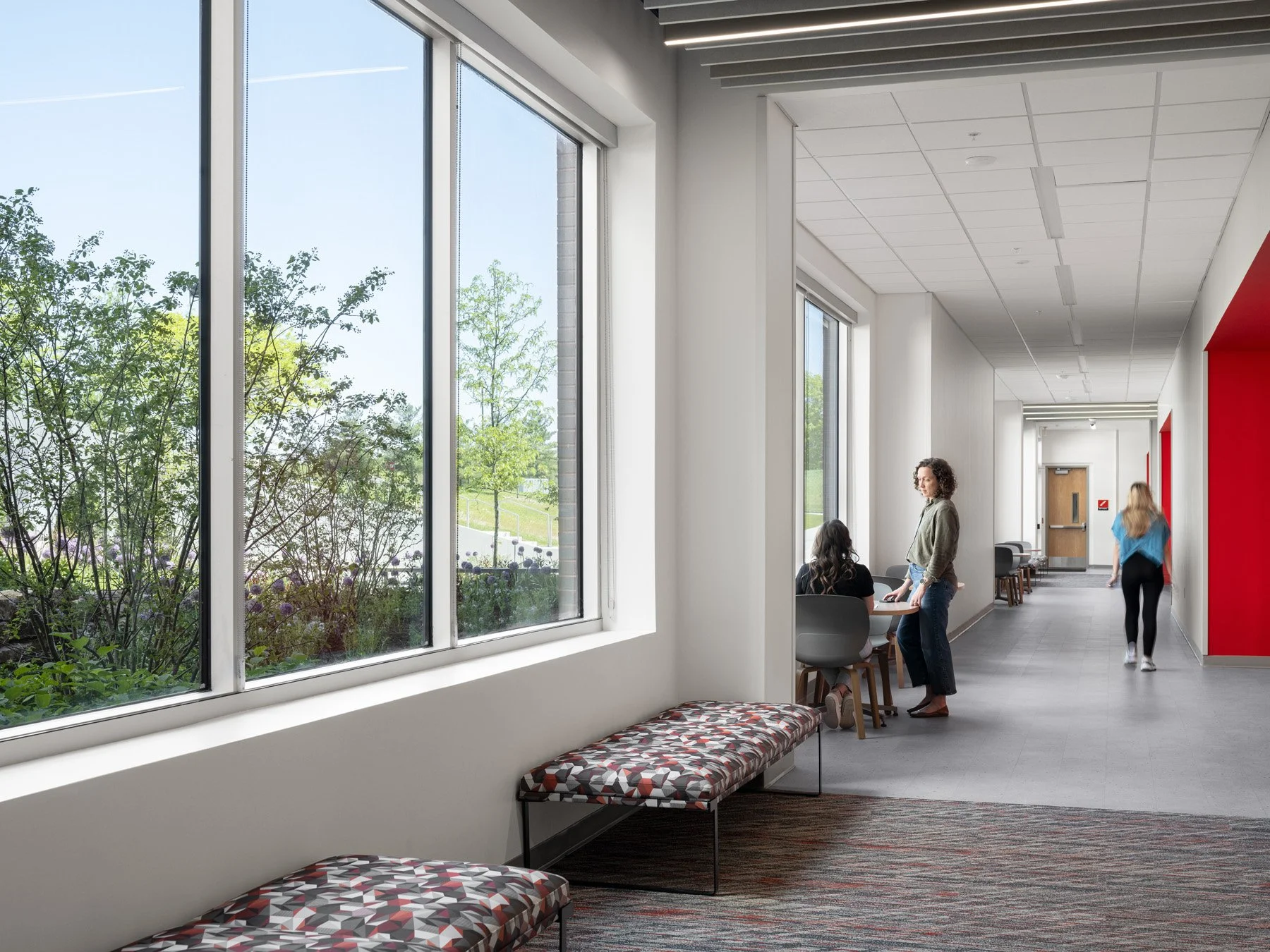 SIUE Health Sciences corridor with patterned benches and a window onto a planted garden by Christner, Edwardsville Illinois - architectural photographer St. Louis
