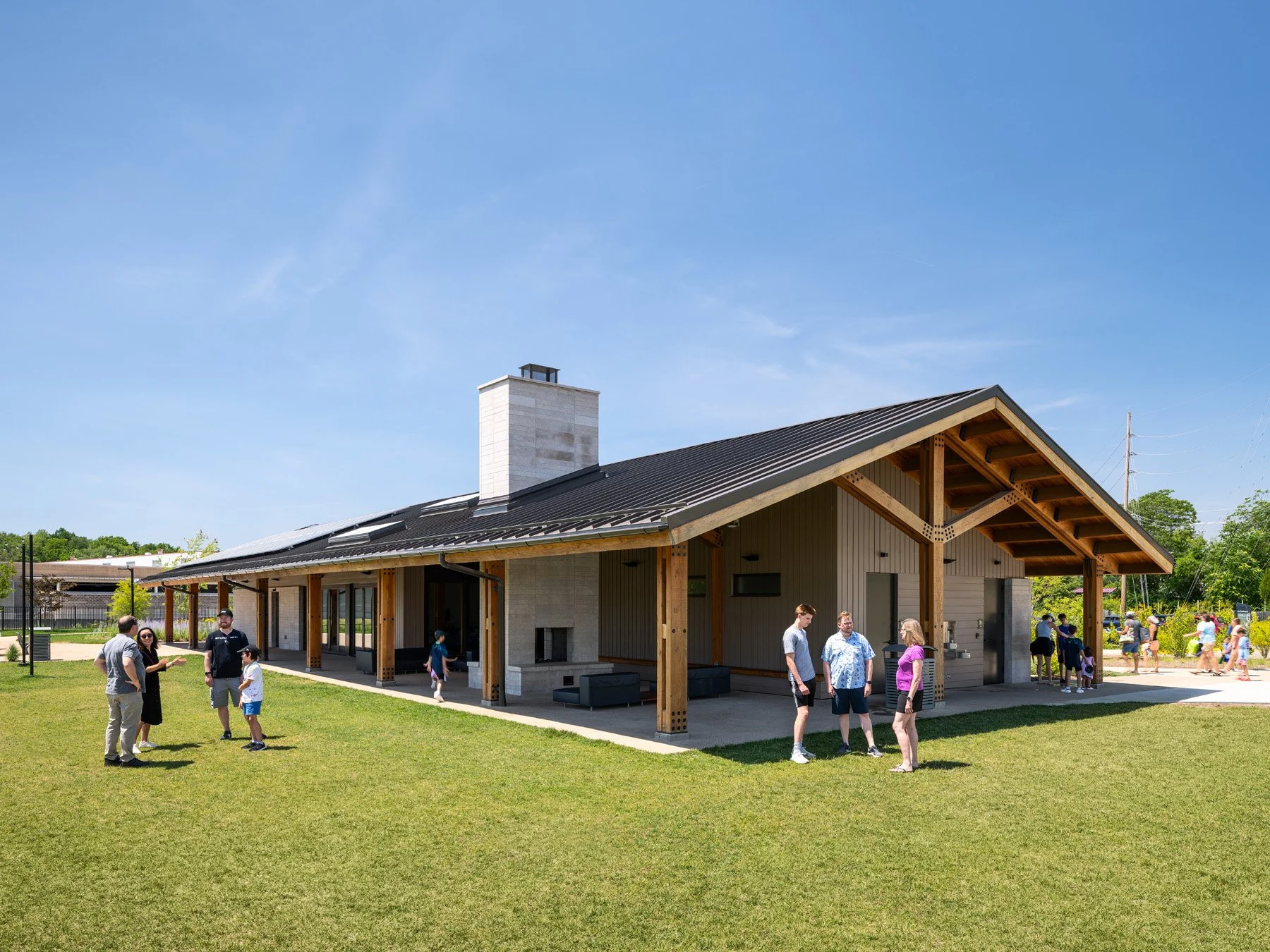 Brentwood Park Event Pavilion south facade with gable end and open-air terrace, by Christner - architectural photographer St. Louis Missouri