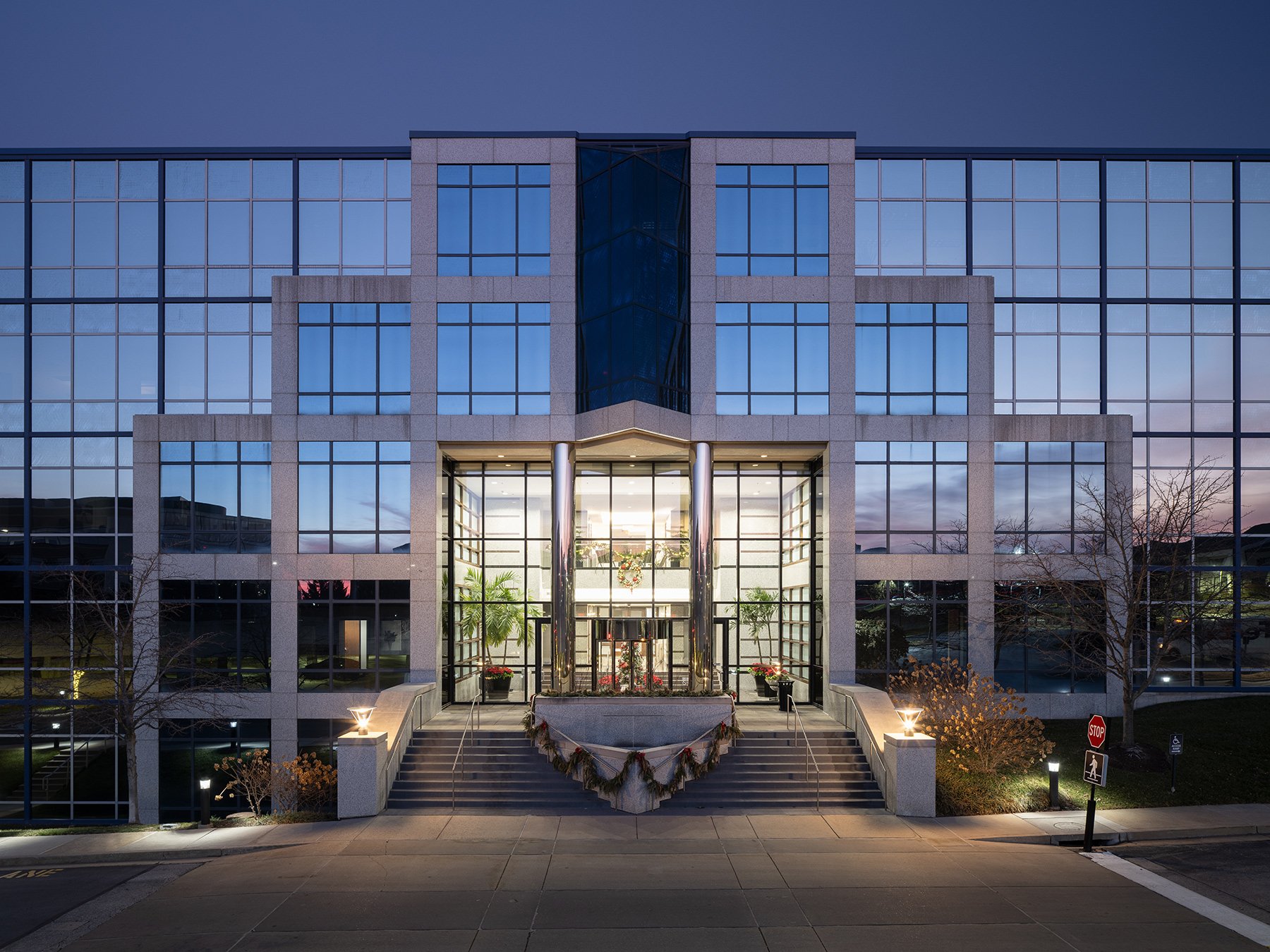 City Place Two entrance facade granite grid curtain wall by Thomas Roof Inc., Creve Coeur Missouri - architectural photographer St. Louis