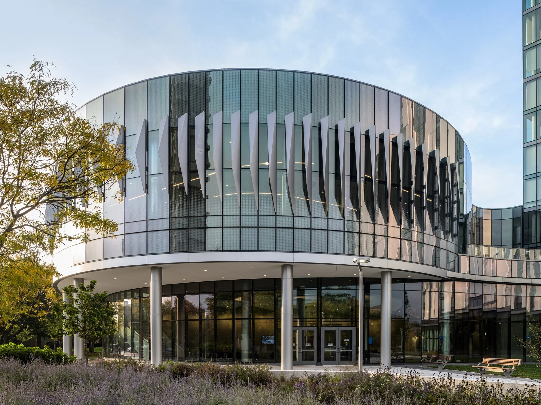 UIC Academic and Residential Complex academic drum with angled aluminum fins, by SCB - architectural photographer Chicago Illinois