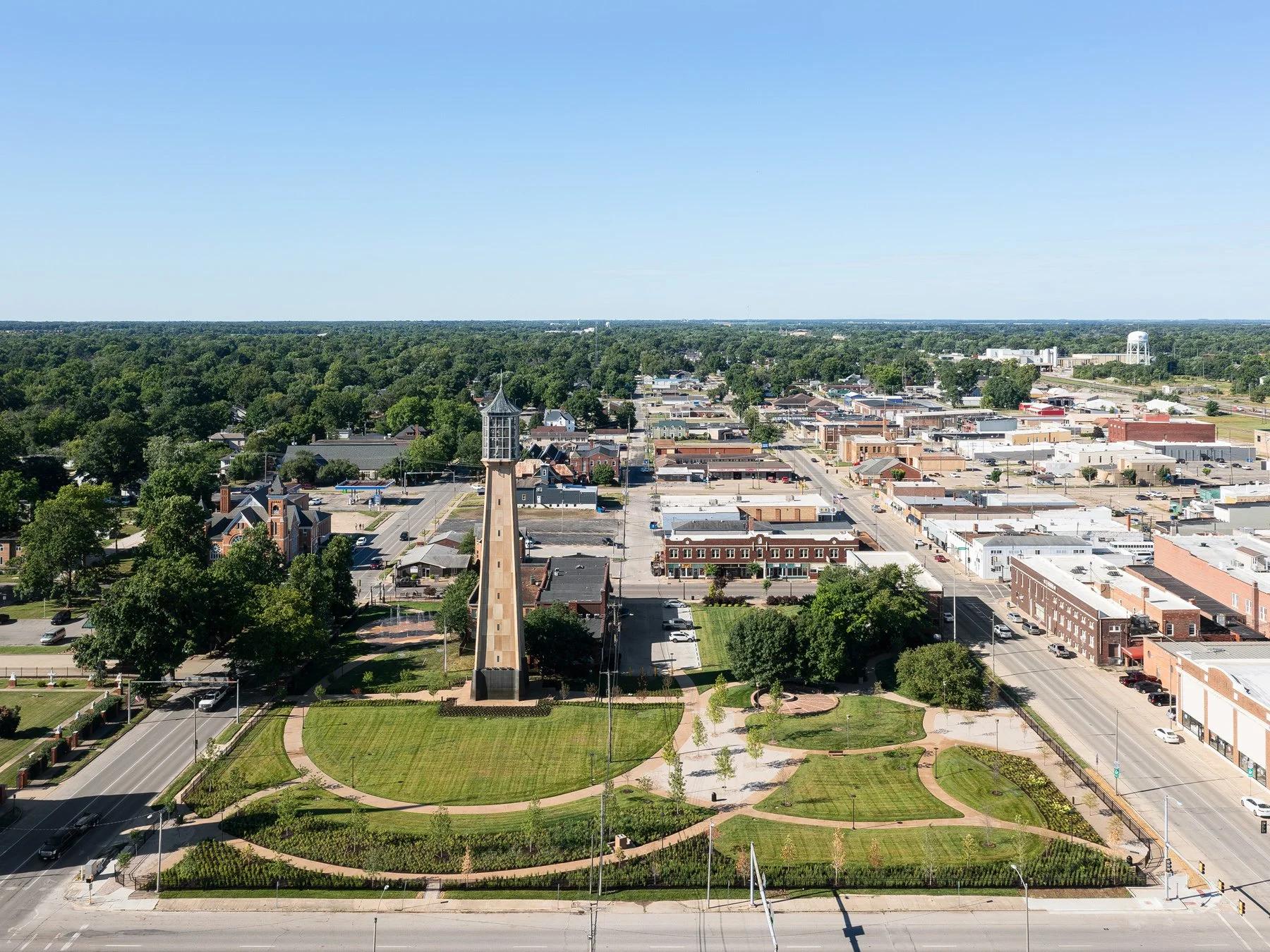 Carillon Park aerial over the park and downtown Centralia, landscape by Arbolope Studio - architectural photographer Centralia Illinois