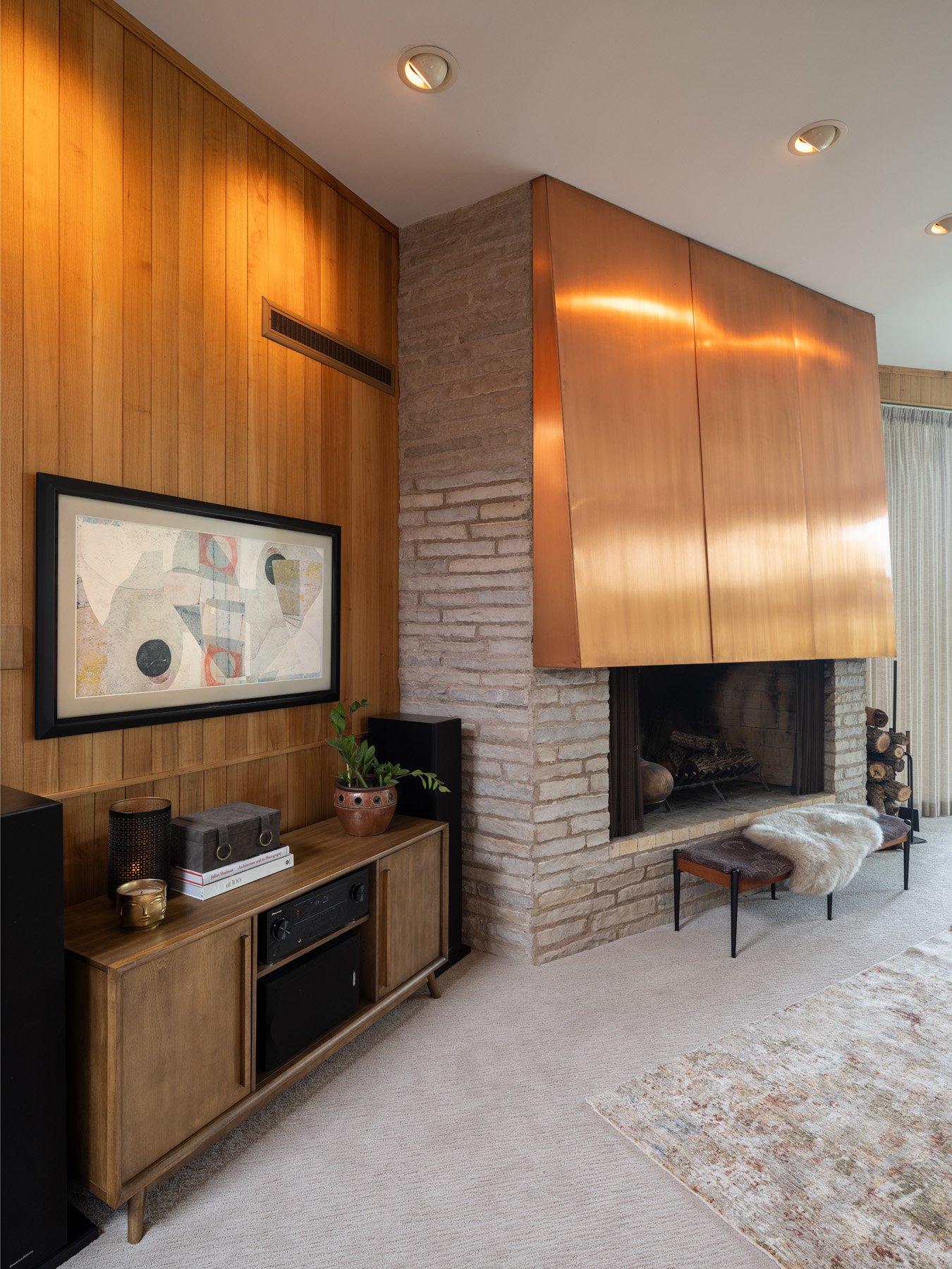 Garrison House fireplace with original copper hood and stone chimney, Sleepy Hollow Illinois - architectural photographer Chicago