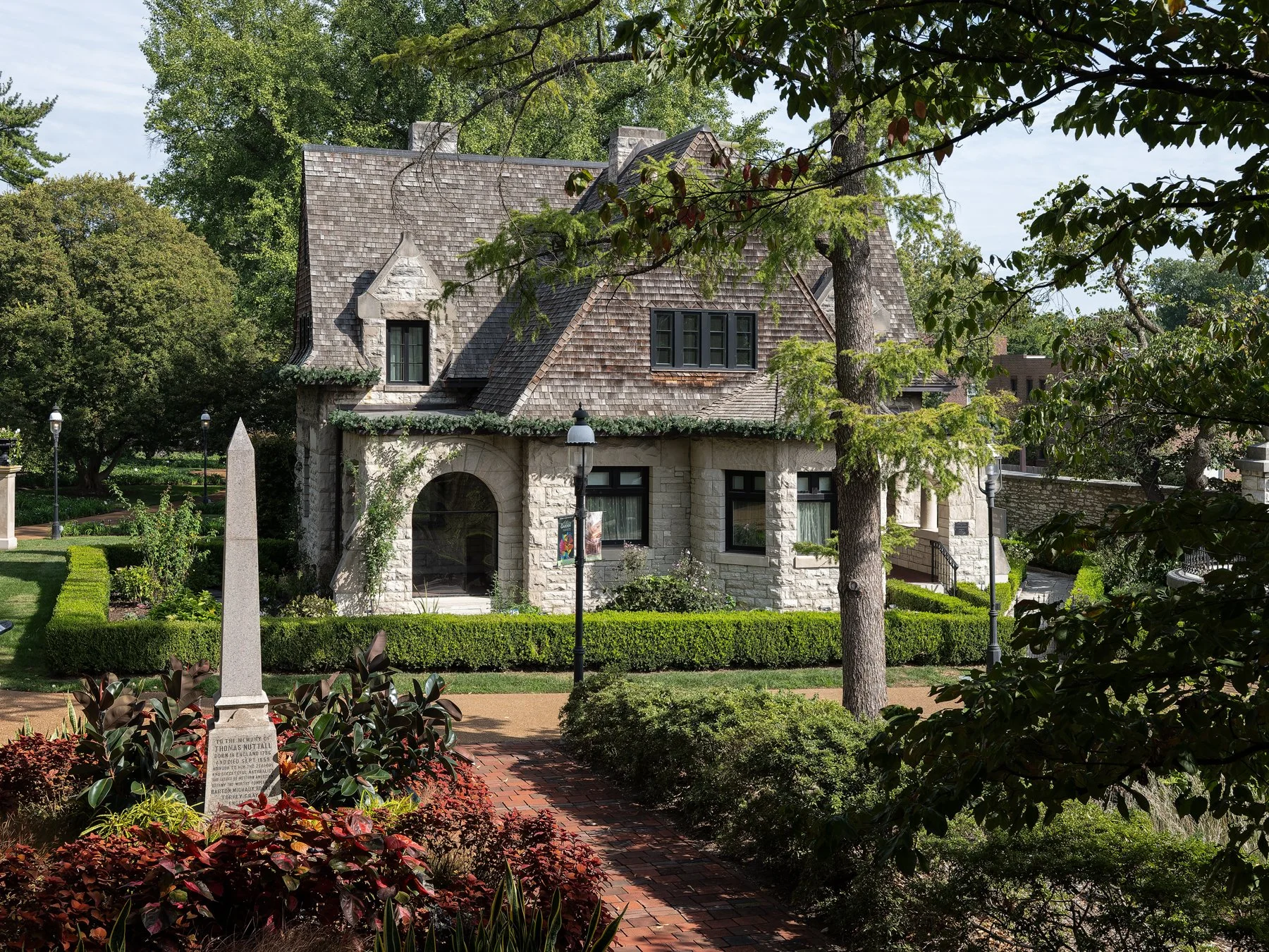 Missouri Botanical Garden Herring House with Nuttall obelisk, Nikon Z7, by Barnett - architectural photographer St. Louis Missouri