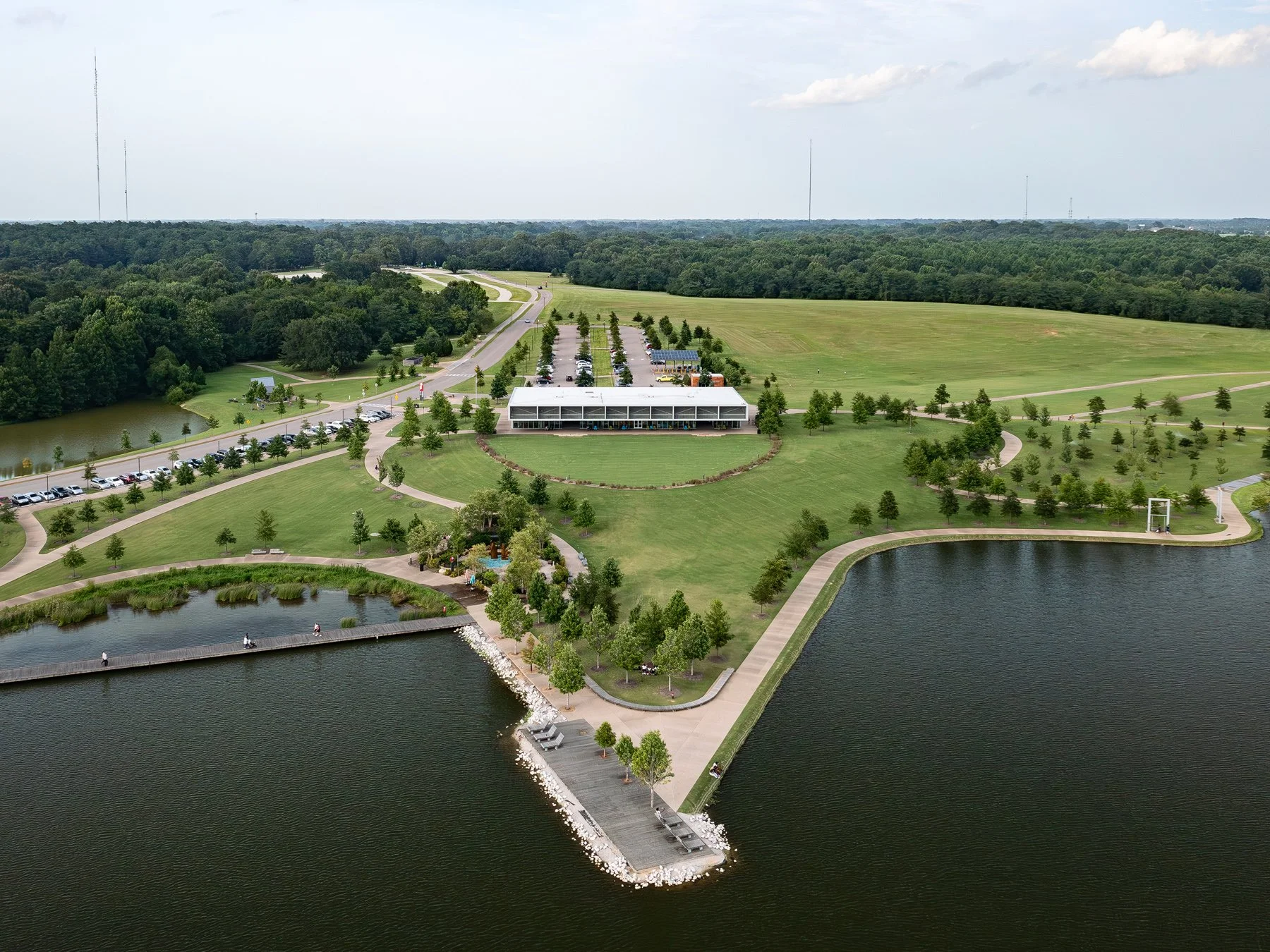 Shelby Farms Park aerial of the visitor center above the lake, by Marlon Blackwell Architects - architectural photographer Memphis Tennessee