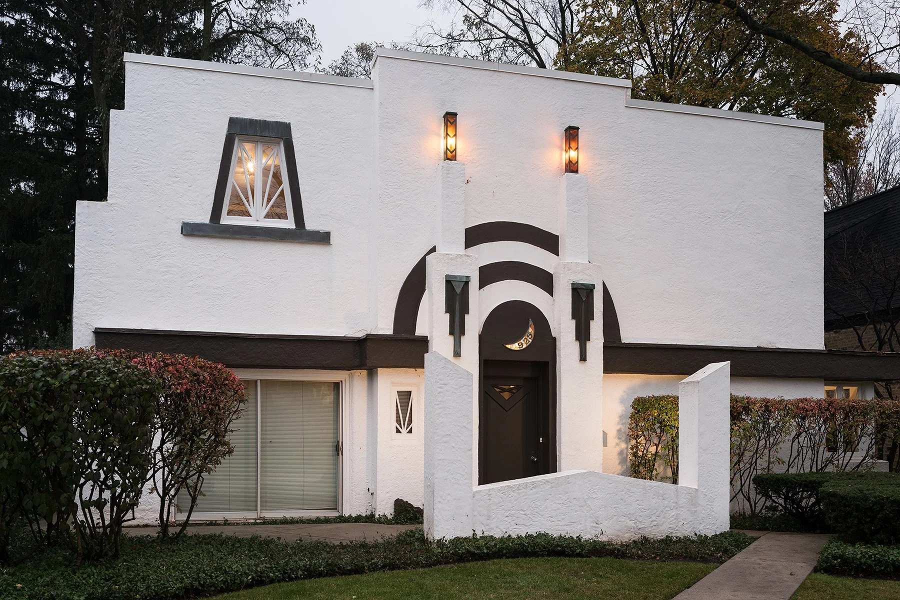 American Legion Moderne Electric Home exterior entry facade by Charles Rawson, Park Ridge Illinois - architectural photographer Chicago