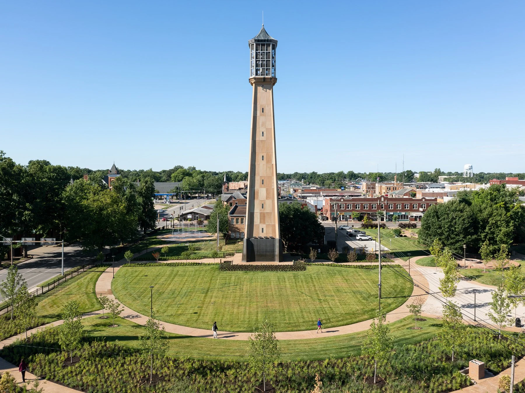 Carillon Park lawn and tower with the business district beyond, landscape by Arbolope Studio - architectural photographer Centralia Illinois