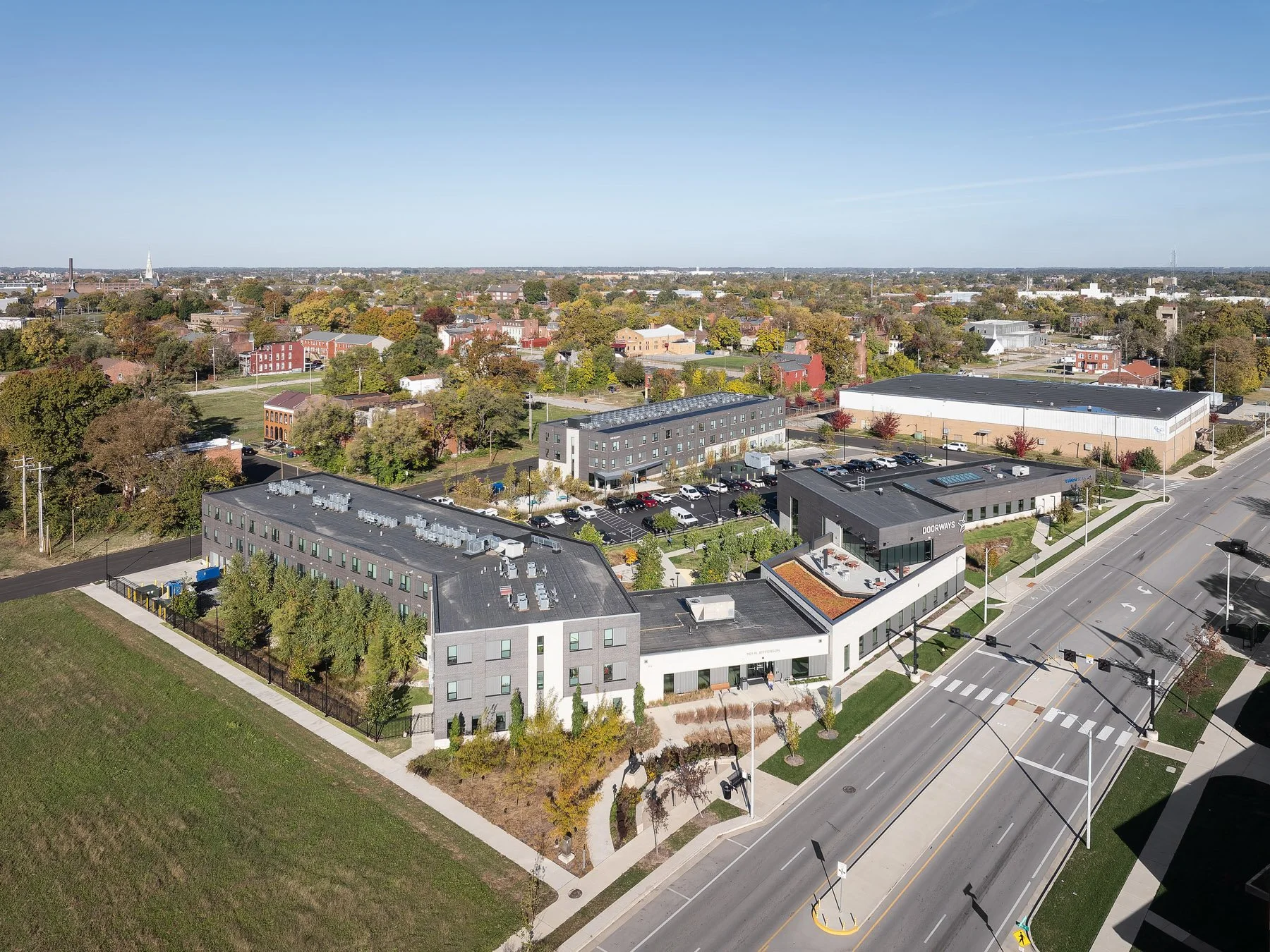 DOORWAYS aerial view of campus with housing and admin buildings, by Trivers - architectural photographer St. Louis Missouri