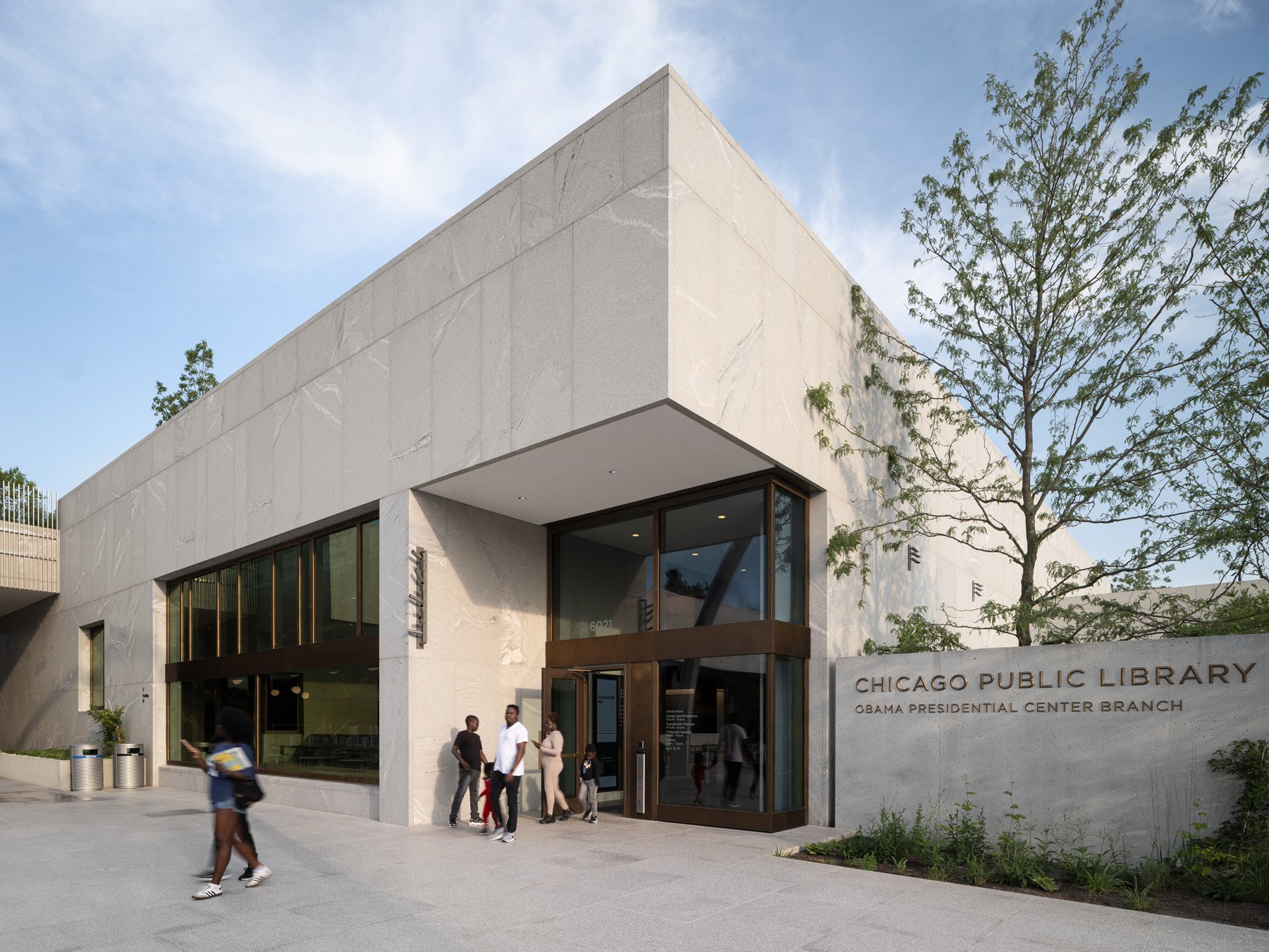 Obama Presidential Center Chicago Public Library branch entrance, by Tod Williams Billie Tsien - architectural photographer Chicago Illinois