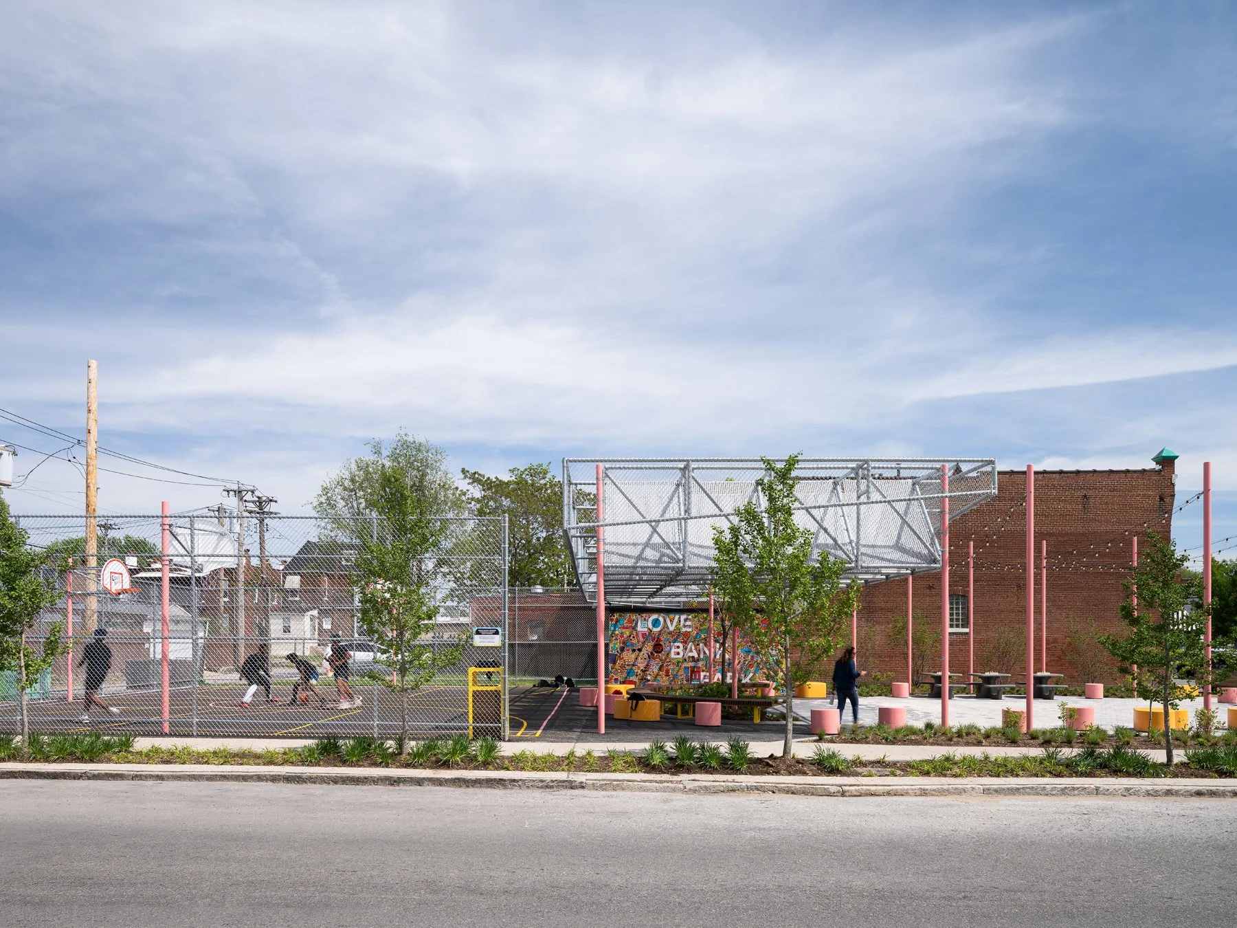 Love Bank Park street elevation with court and shade canopy, by Patterhn Ives and Arbolope Studio - architectural photographer St. Louis Missouri