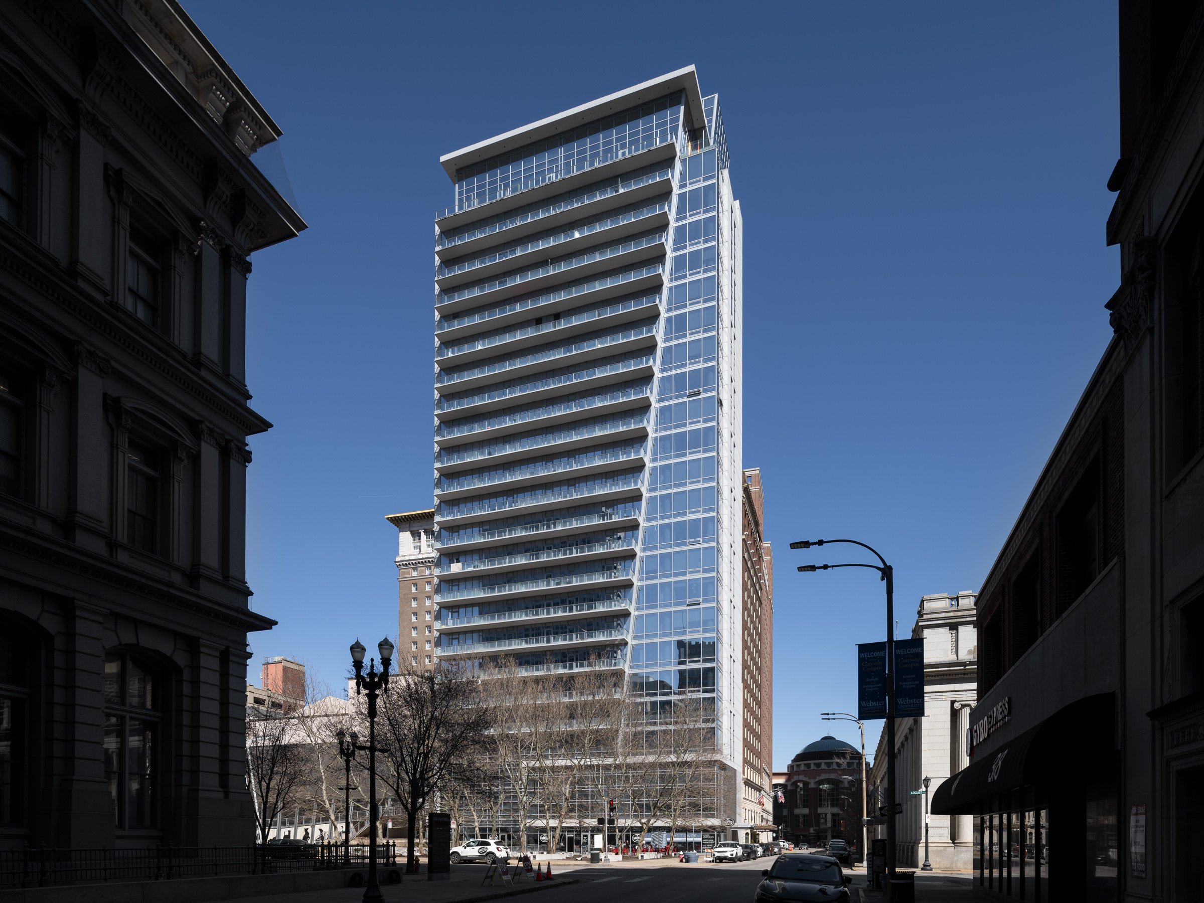 Tower at OPOP narrow steel and glass high-rise on 60-foot site by Trivers, St. Louis Missouri - architectural photographer St. Louis