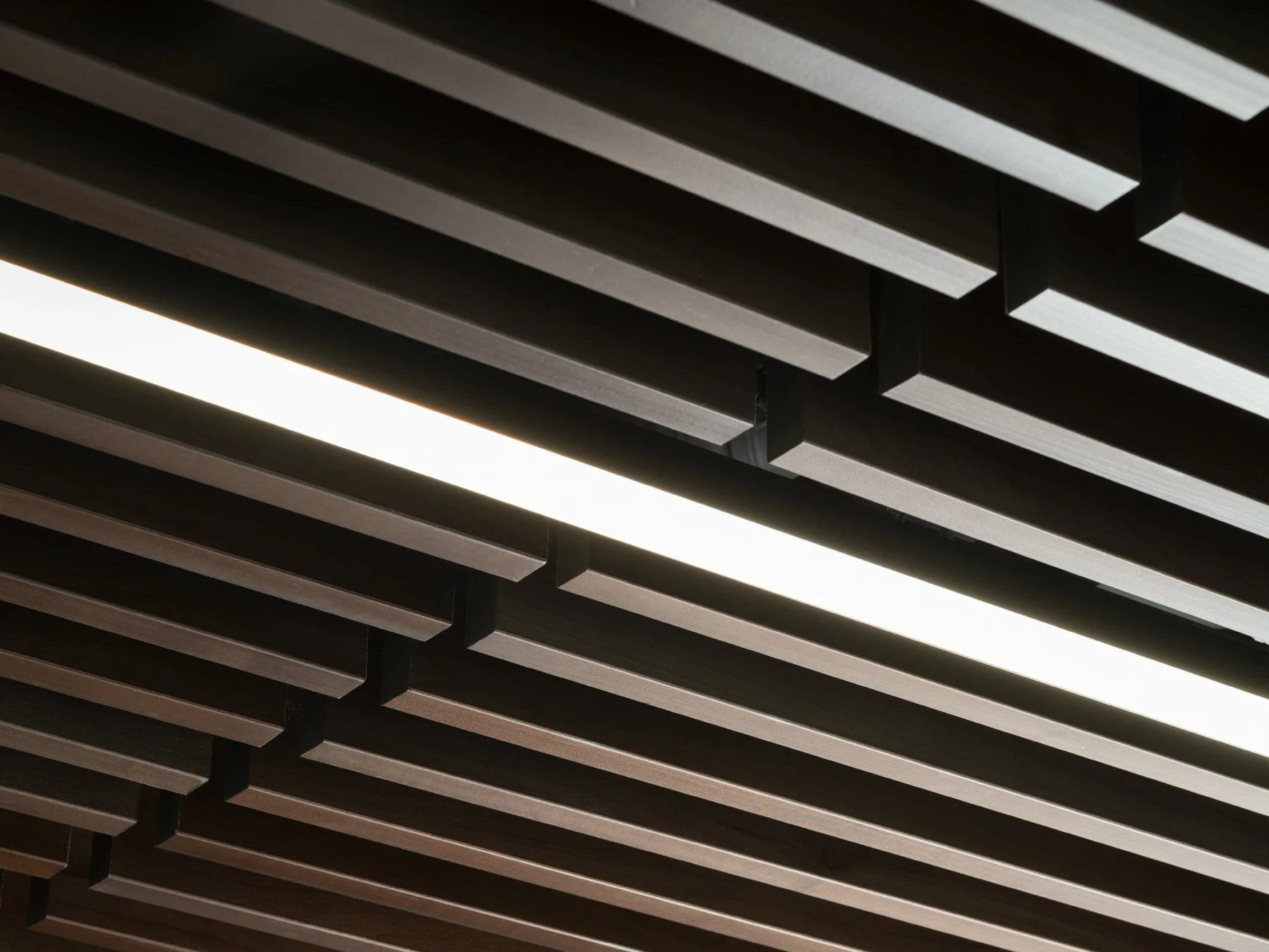 Des Peres City Hall entry canopy ceiling detail with dark wood baffles and linear lighting by Patterhn Ives, Des Peres Missouri - architectural photographer St. Louis