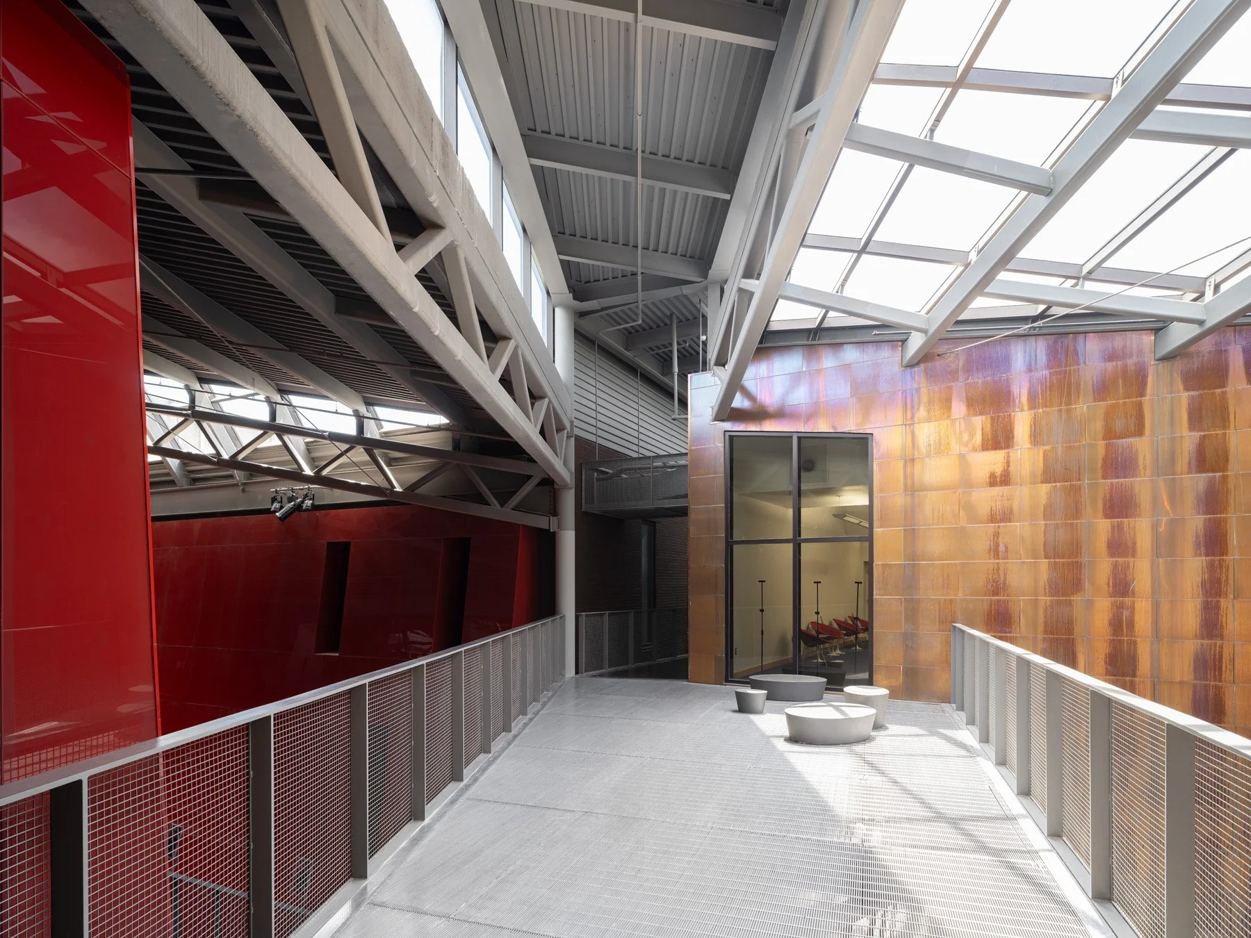 Doudna Fine Arts Center interior skylit catwalk between red and copper clad walls by Antoine Predock, Charleston Illinois - architectural photographer