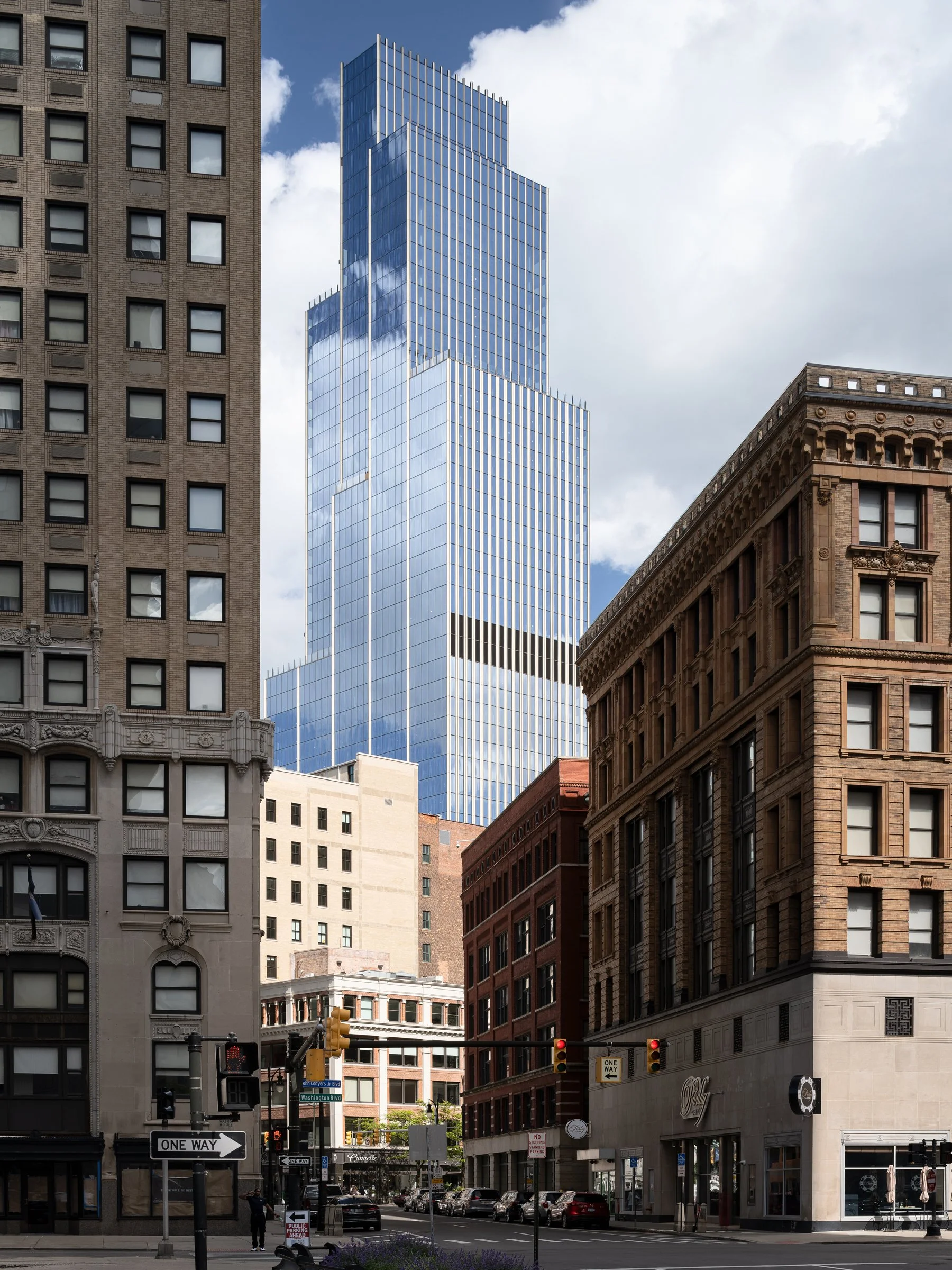 Hudson's Detroit high-rise tower exterior in urban context by SHoP Architects, Detroit Michigan - architectural photographer midwest
