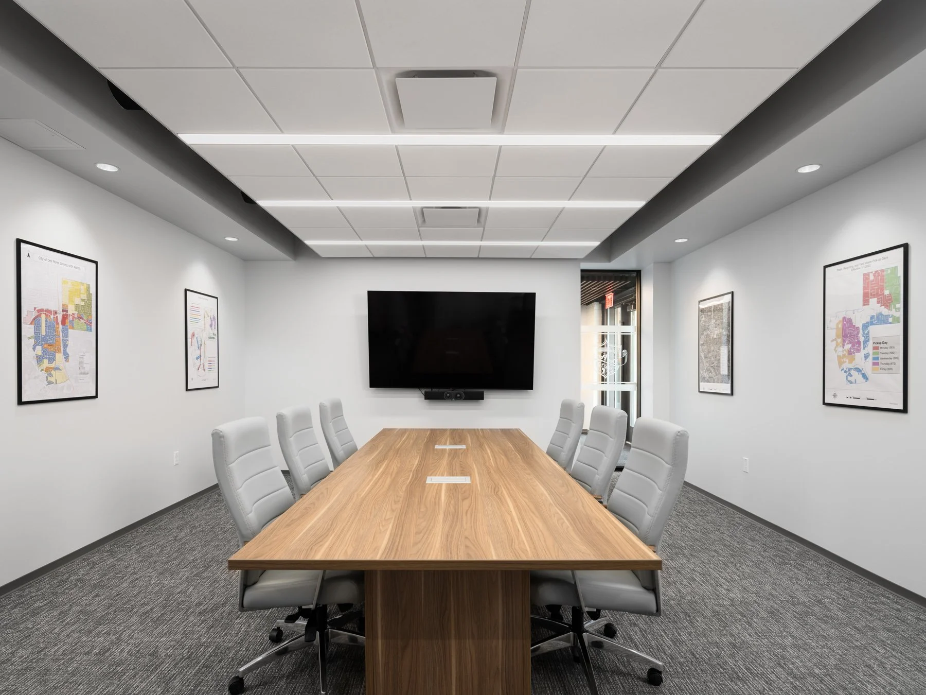 Des Peres City Hall interior conference room with walnut table and framed maps by Patterhn Ives, Des Peres Missouri - architectural photographer St. Louis