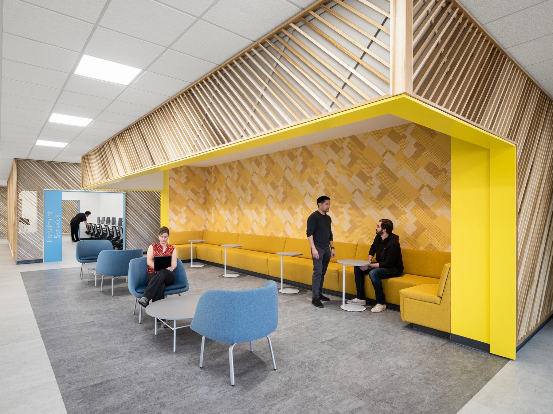 STLCC Florissant Valley Student Center yellow lounge alcove and banquette by JEMA, Ferguson Missouri - architectural photographer St. Louis