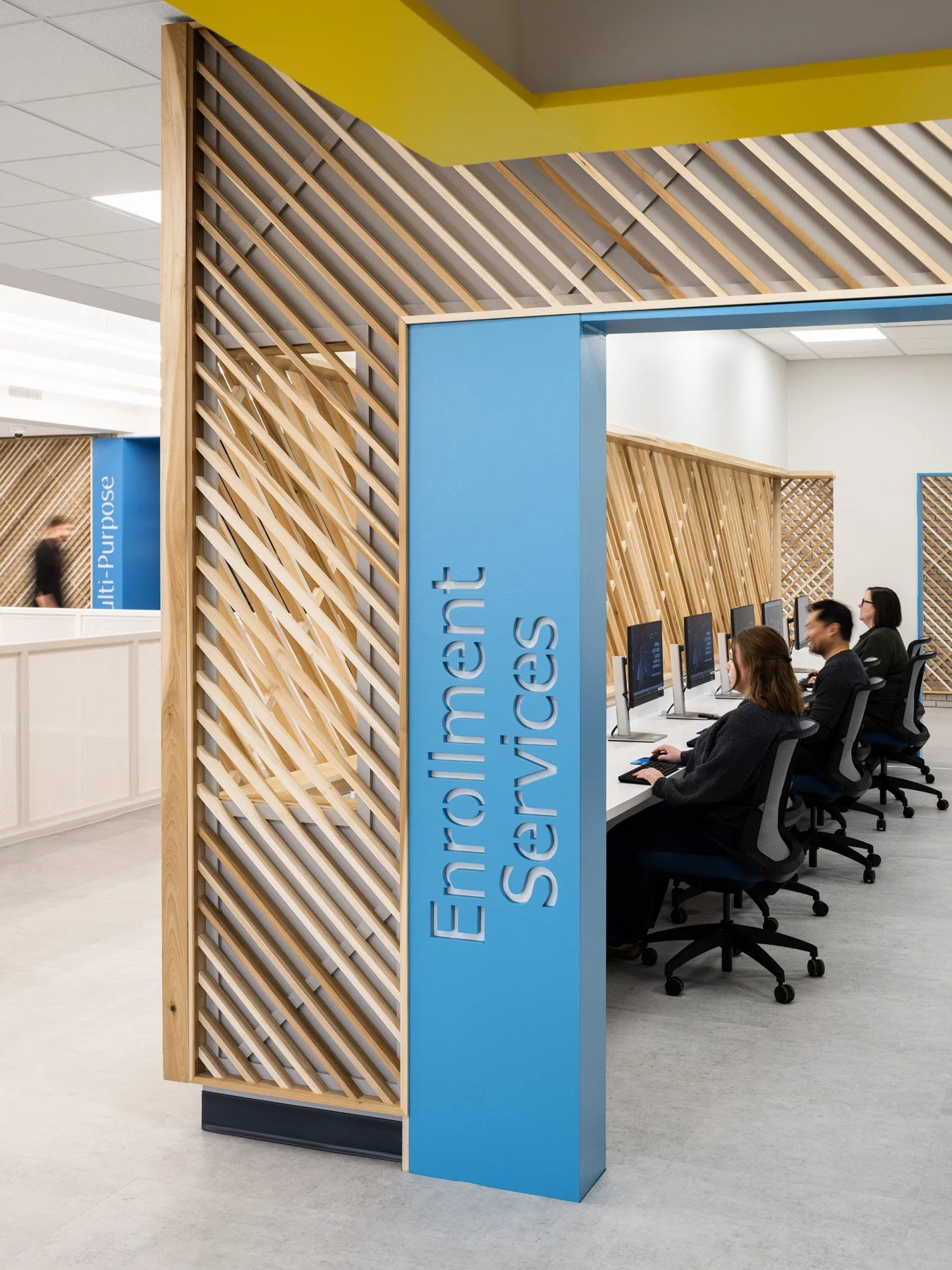 STLCC Florissant Valley Student Center Enrollment Services wood slat screen by JEMA, Ferguson Missouri - architectural photographer St. Louis