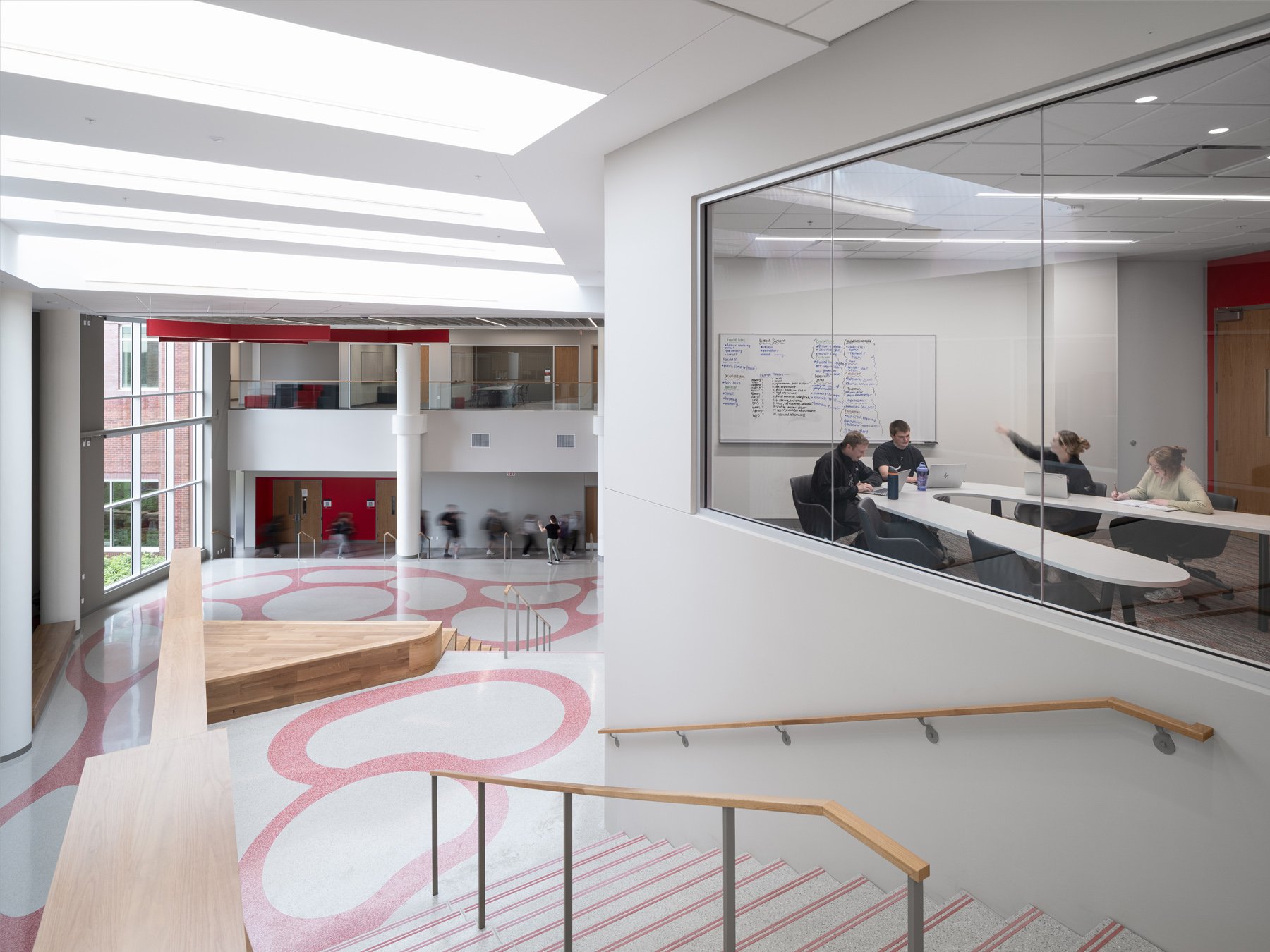 SIUE Health Sciences upper atrium with vascular terrazzo and a glazed group study room by Christner, Edwardsville Illinois - architectural photographer St. Louis