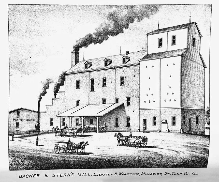 1881 lithograph of Backer and Stern's Mill, Elevator and Warehouse in Millstadt Illinois from the History of St. Clair County - architectural photographer St. Louis Missouri