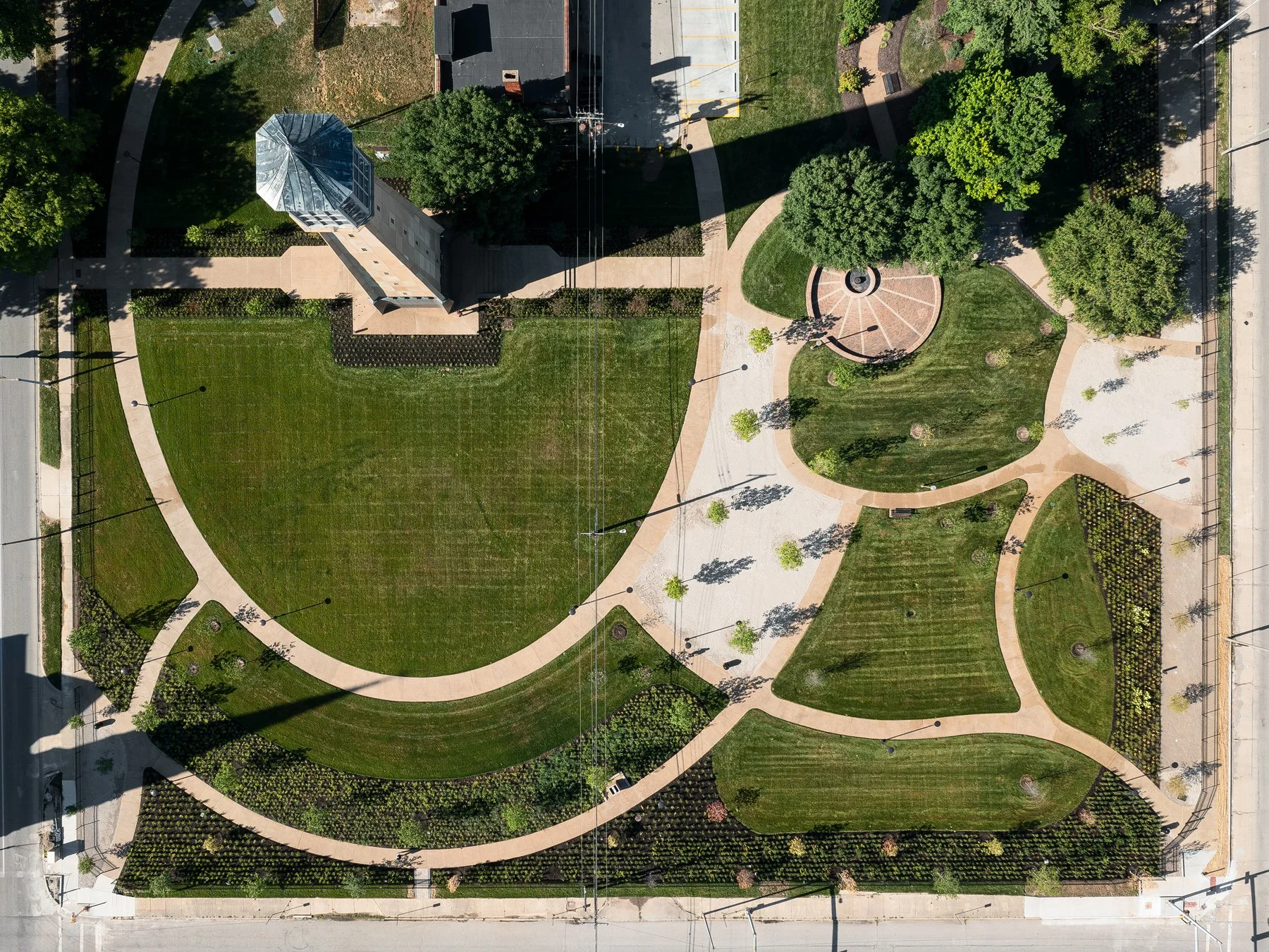 Carillon Park overhead aerial of the radial paths around the tower, landscape by Arbolope Studio - architectural photographer Centralia Illinois