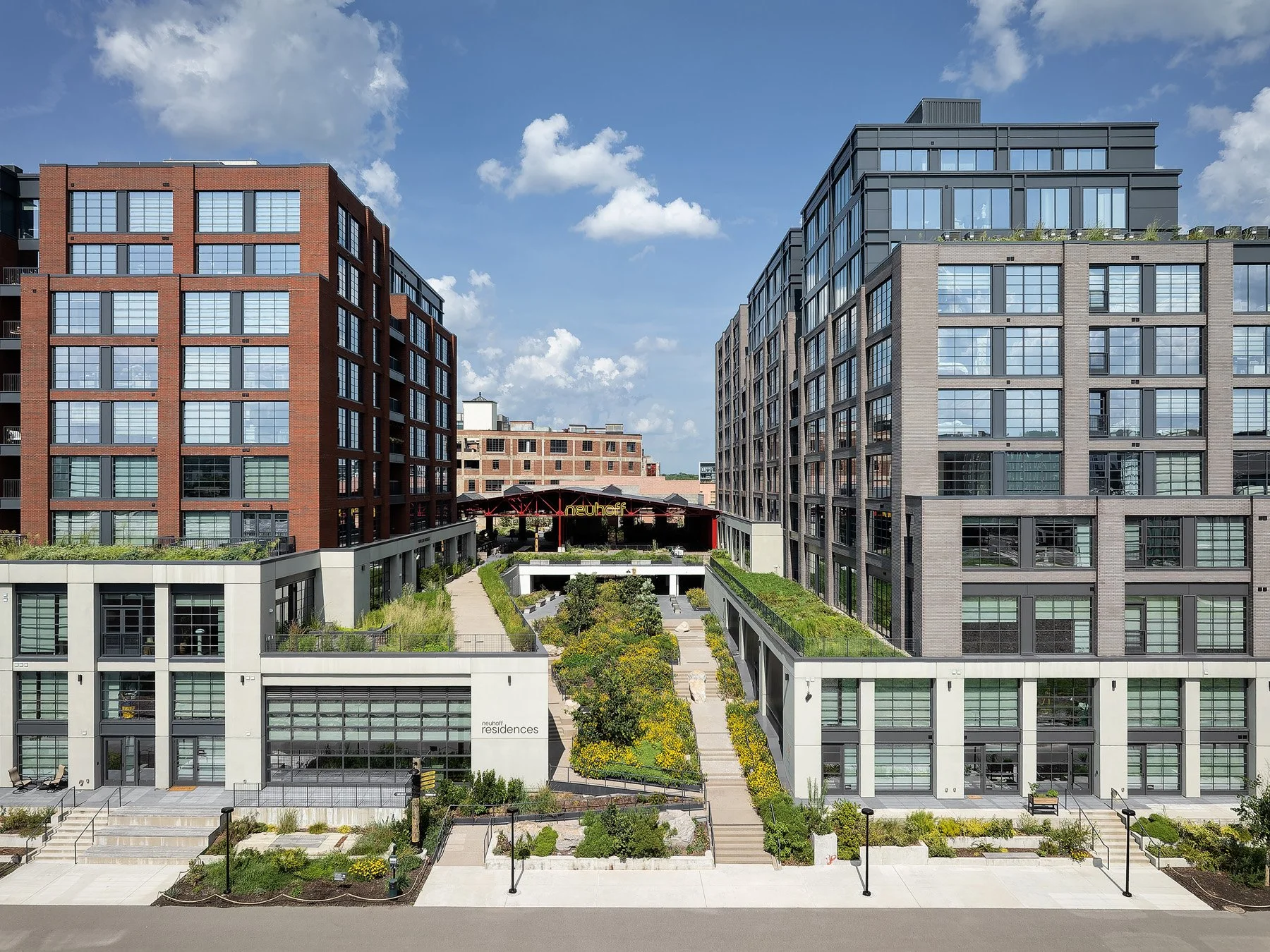 Neuhoff District planted courtyard between the residences, landscape by Future Green Studio - architectural photographer Nashville Tennessee