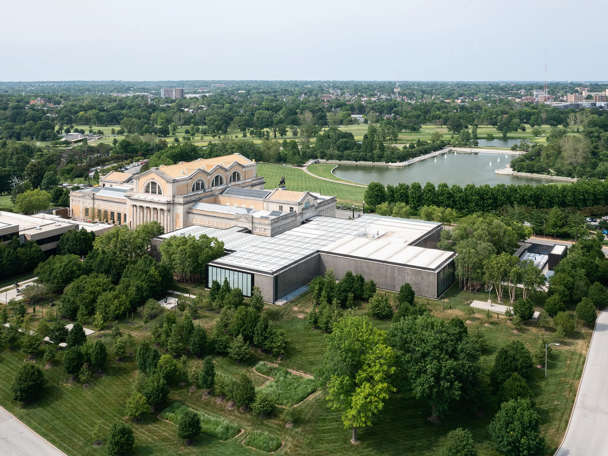 Saint Louis Art Museum East Building aerial over Forest Park and Grand Basin, by David Chipperfield - architectural photographer St. Louis Missouri
