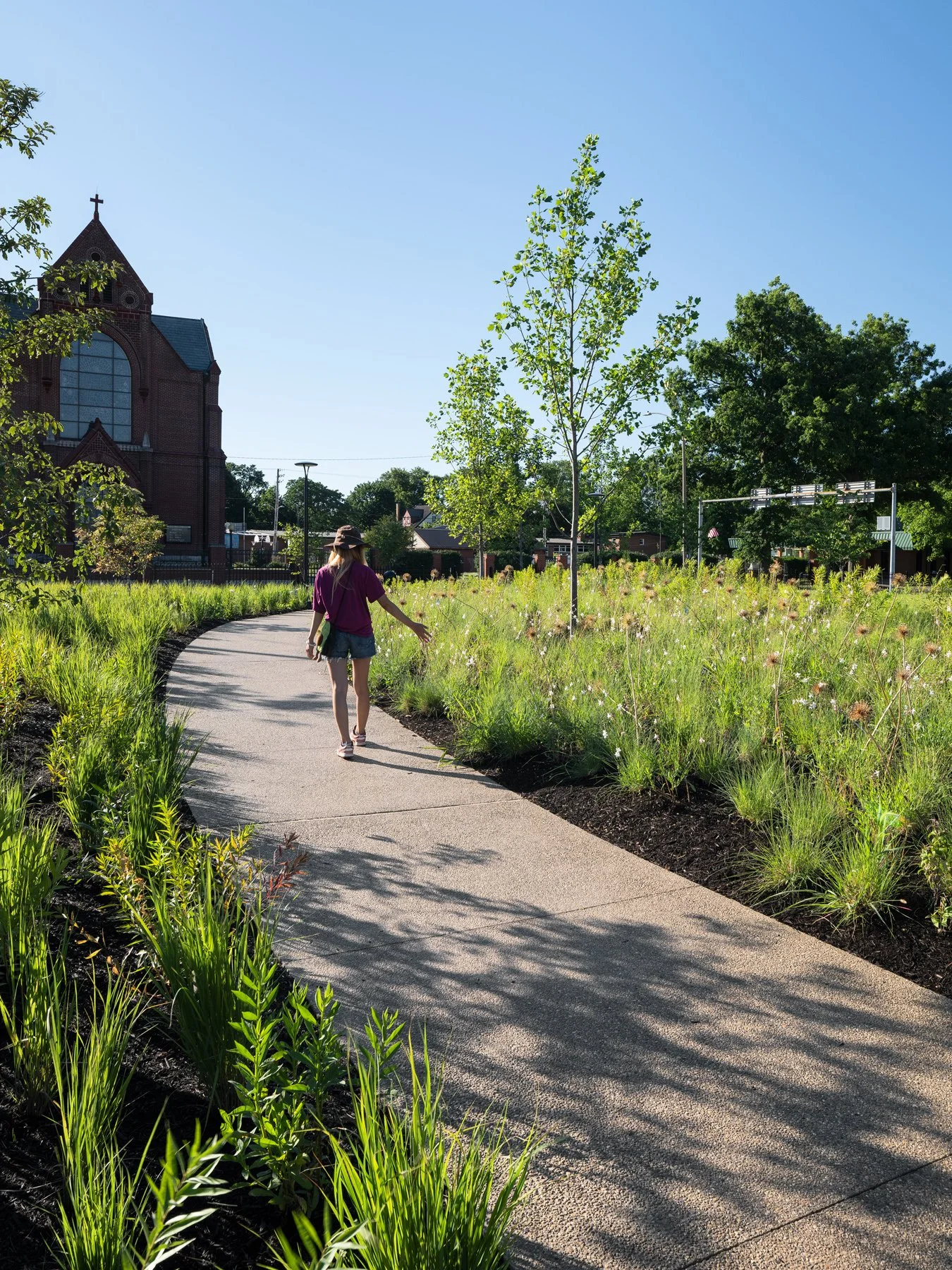 Carillon Park path through prairie planting toward the brick church, landscape by Arbolope Studio - architectural photographer Centralia Illinois