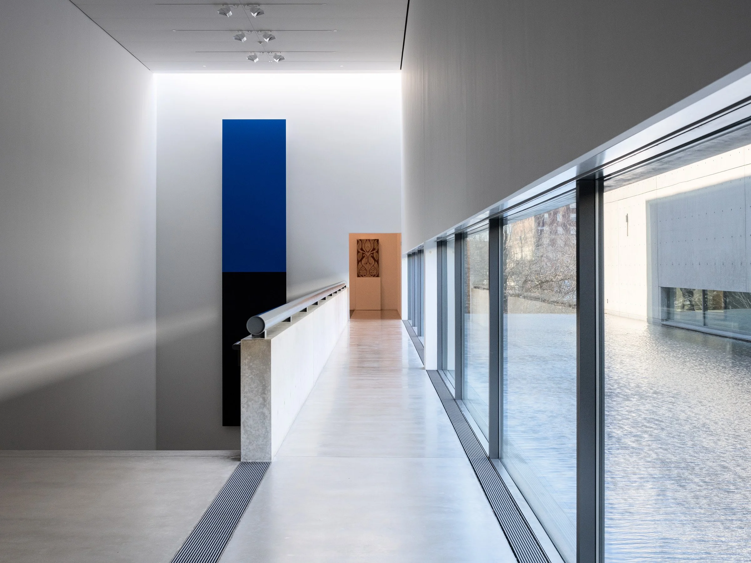 Interior view of the main hall at the Pulitzer Arts Foundation, showing the reflecting pool.