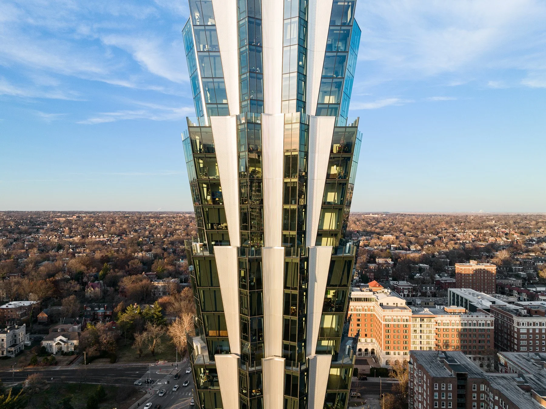 One Hundred Above the Park aerial view of tower crown with splayed glazing bays and corrugated fins, by Studio Gang - architectural photographer St. Louis Missouri