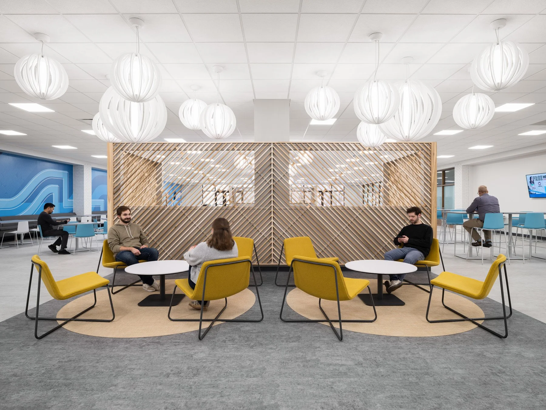 STLCC Florissant Valley Student Center dining lounge wood lattice partition by JEMA, Ferguson Missouri - architectural photographer St. Louis