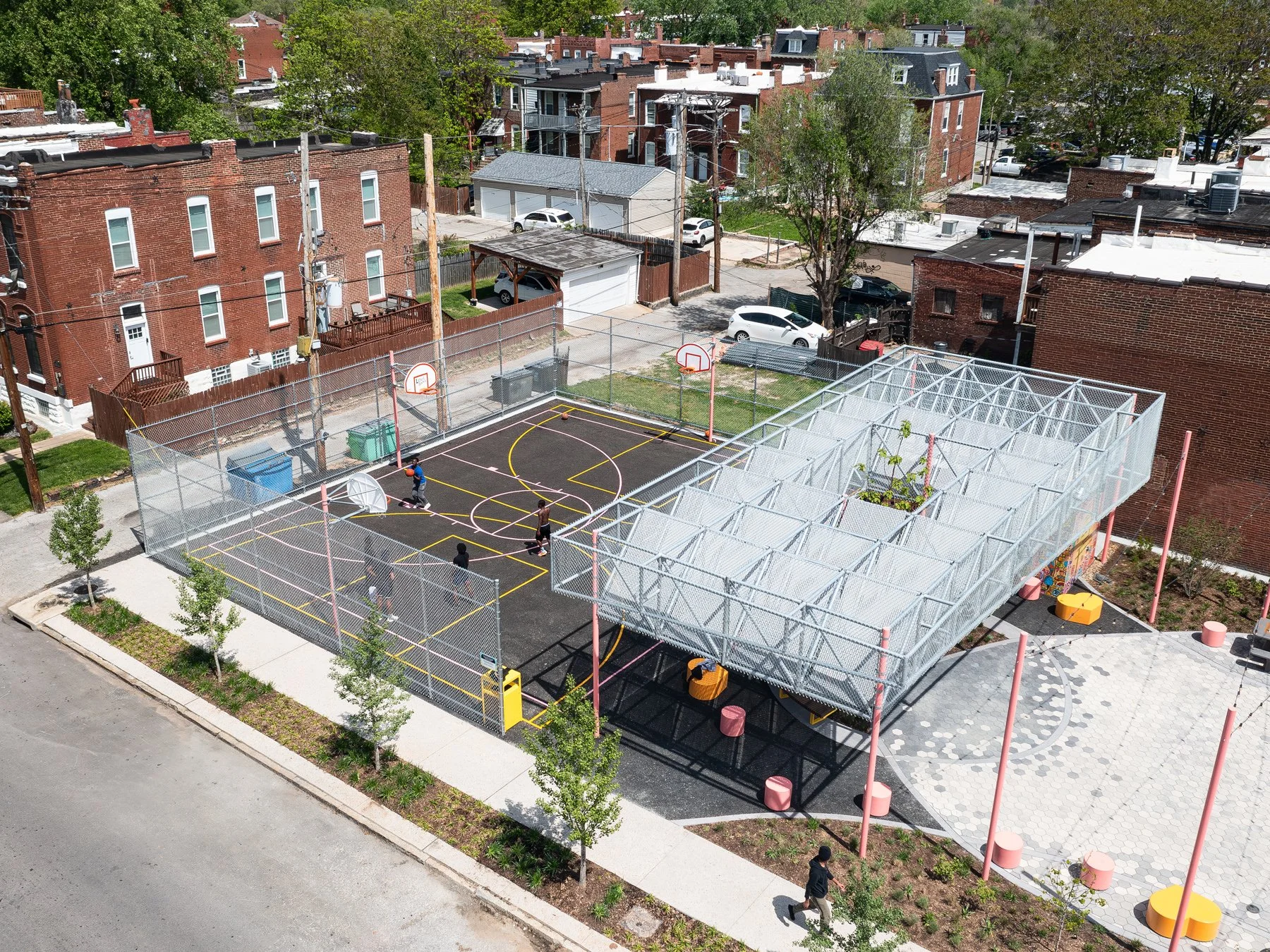 Love Bank Park aerial over the canopy and basketball court, by Patterhn Ives and Arbolope Studio - architectural photographer St. Louis Missouri