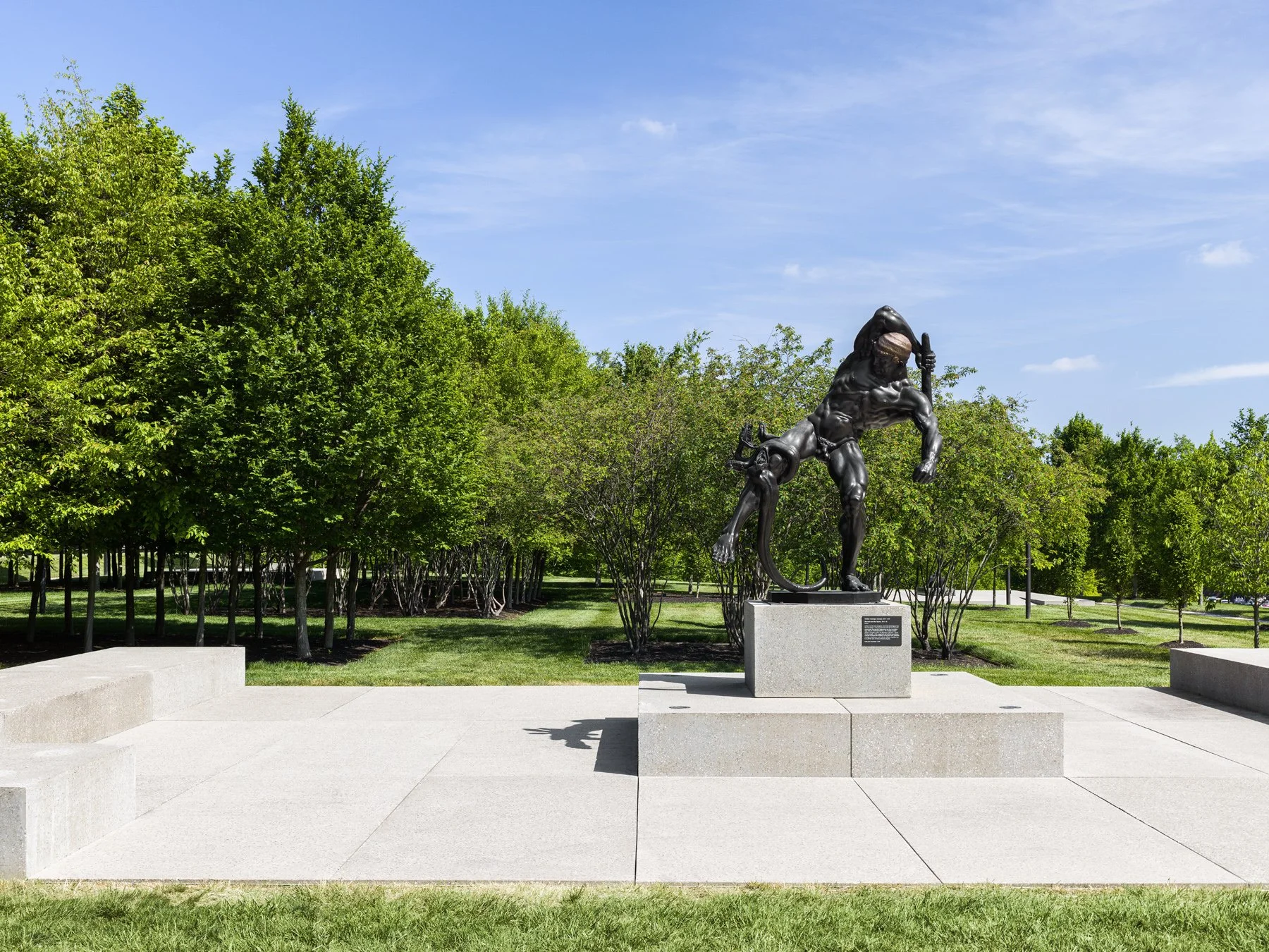Saint Louis Art Museum bronze figure on the terraced plaza, landscape by Michel Desvigne Paysagiste - architectural photographer St. Louis Missouri