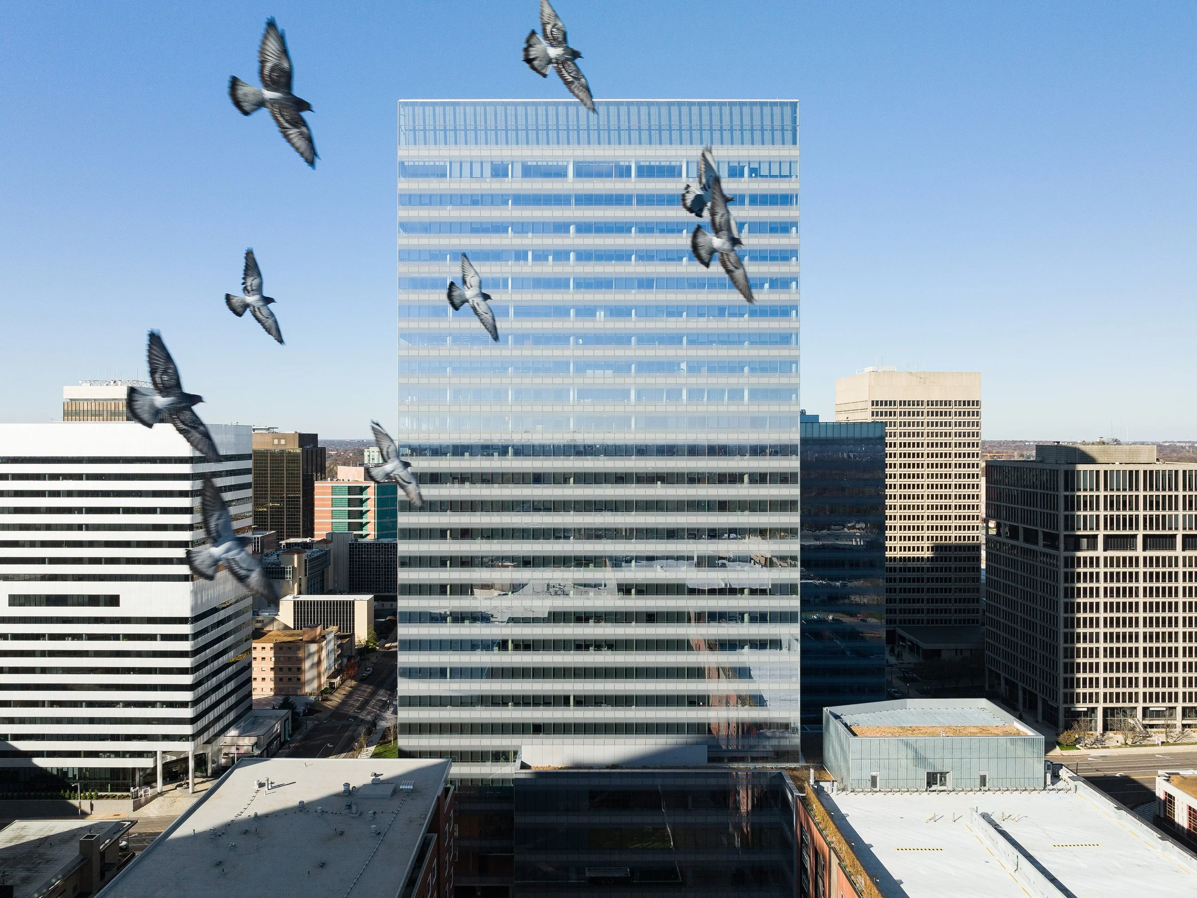 Centene Plaza glass office towers with Liam Gillick rainbow glass canopy by HOK Gyo Obata, Clayton Missouri - architectural photographer St. Louis