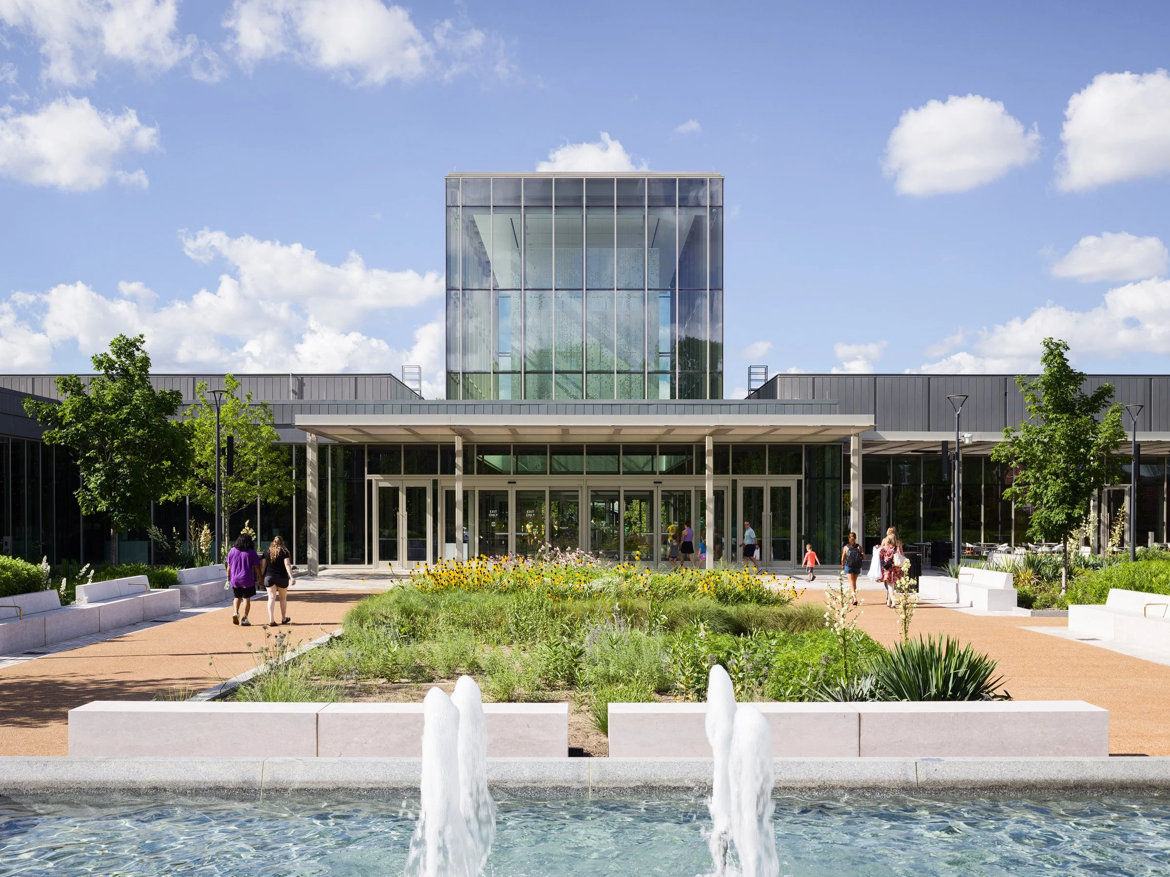 Jack C. Taylor Visitors Center Missouri limestone base and glass lantern pavilion by Ayers Saint Gross, St. Louis Missouri - architectural photographer St. Louis