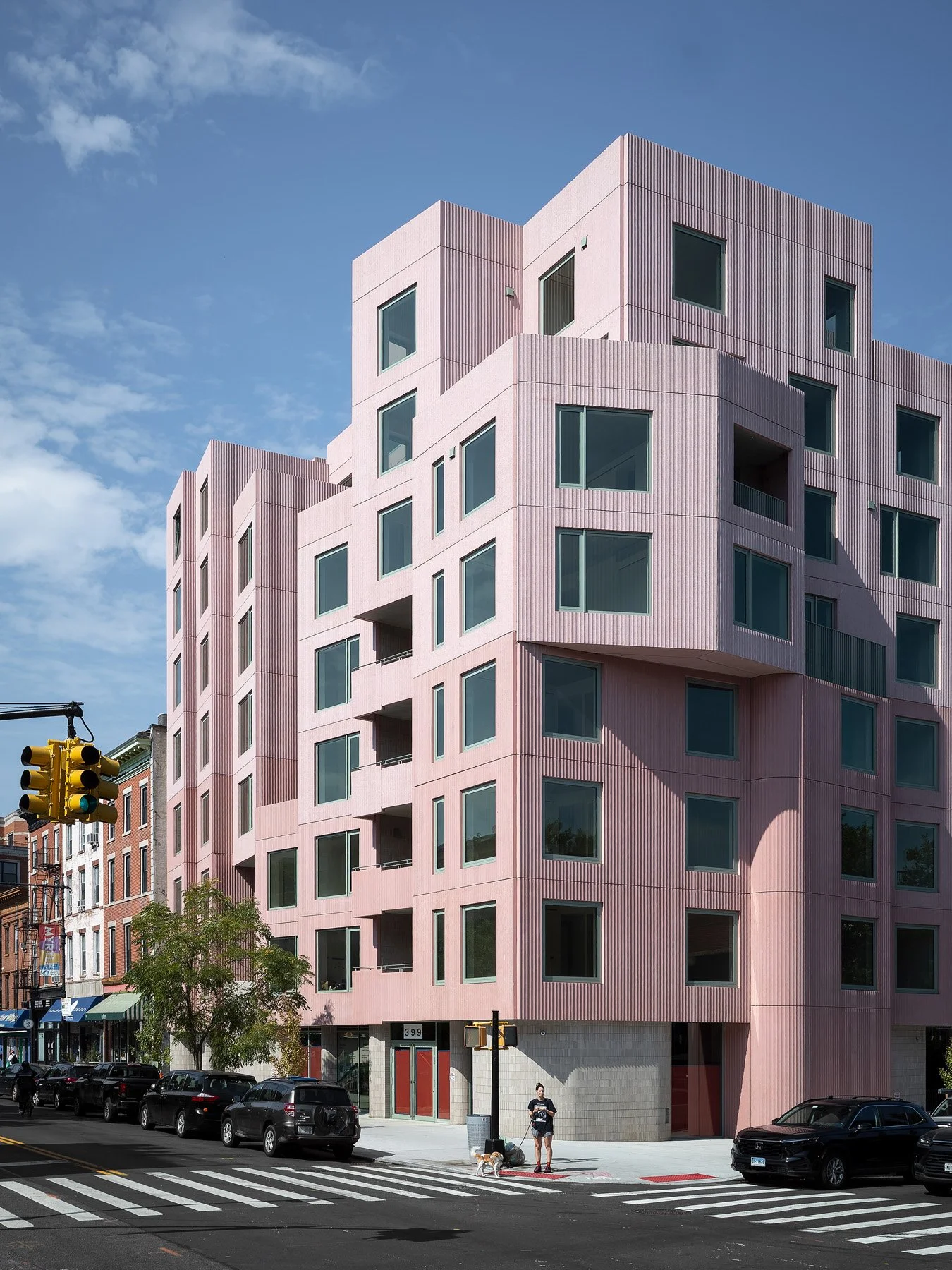 144 Vanderbilt stepped pink corner massing with stacked private terraces, by SO-IL, Brooklyn - architectural photographer New York