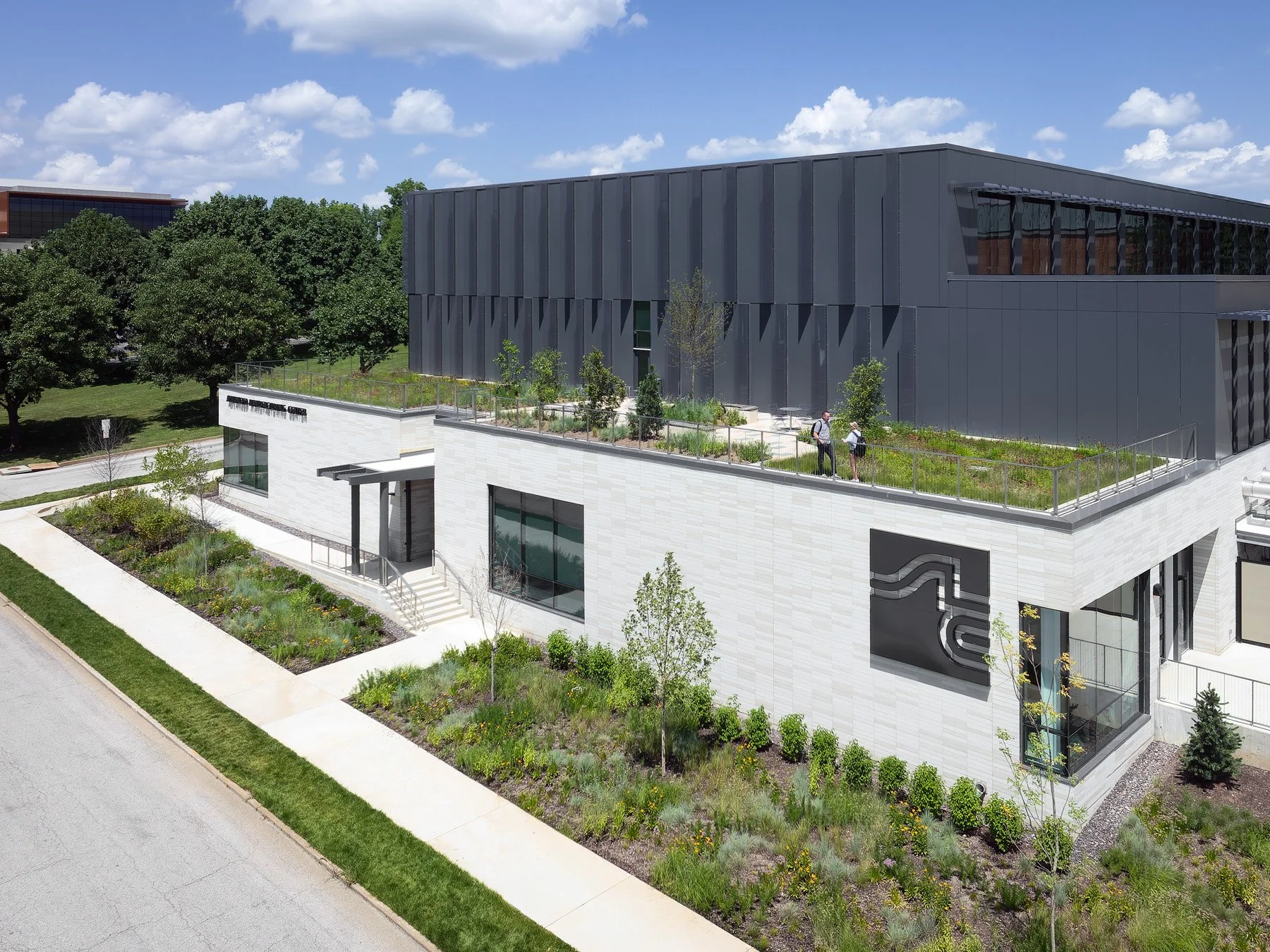 STLCC Florissant Valley Advanced Manufacturing Center elevated view of green roof terrace by JEMA - architectural photographer St. Louis Missouri